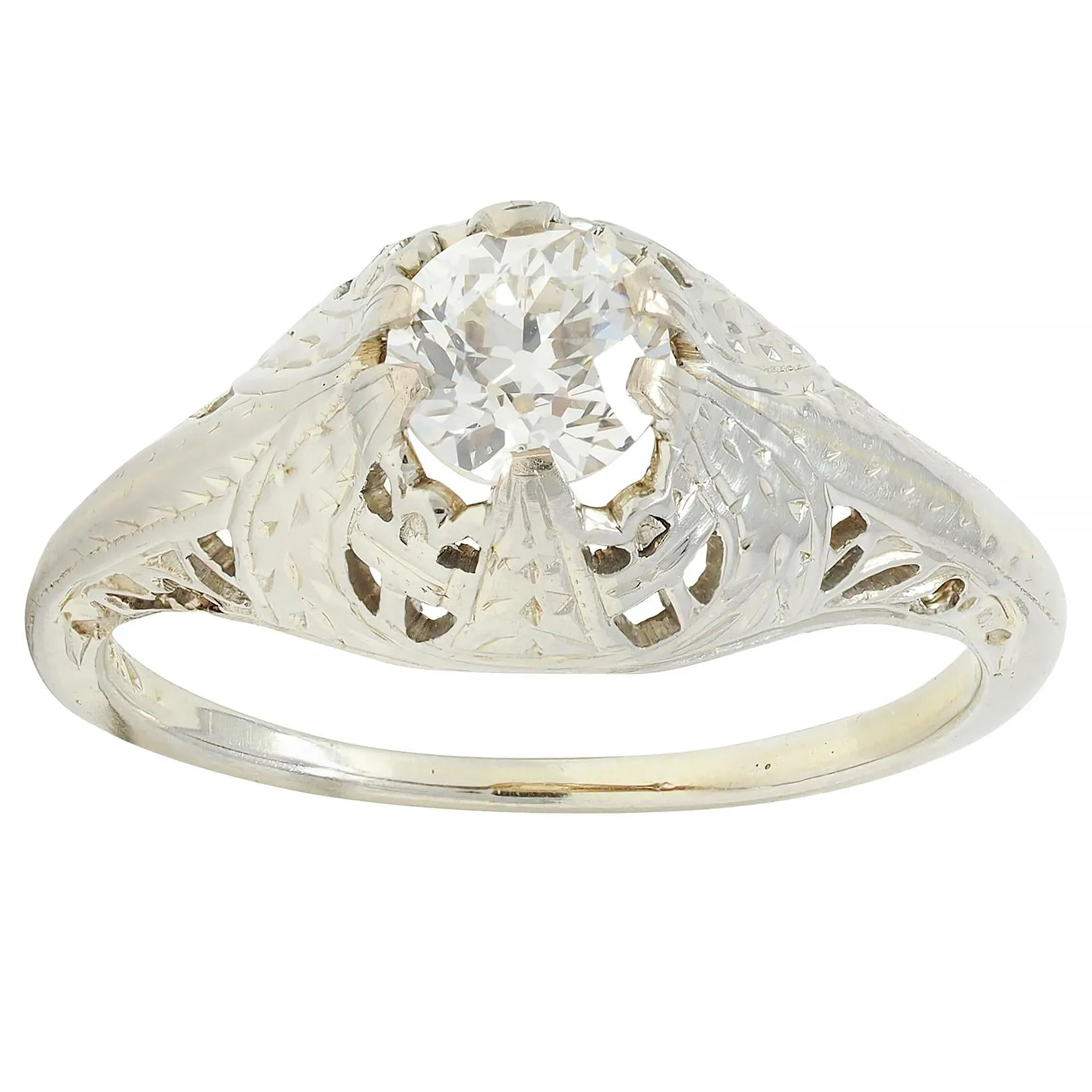 Early Art Deco 0.52 CTW Old European Diamond 18 Karat White Gold Antique Foliate Engagement Ring