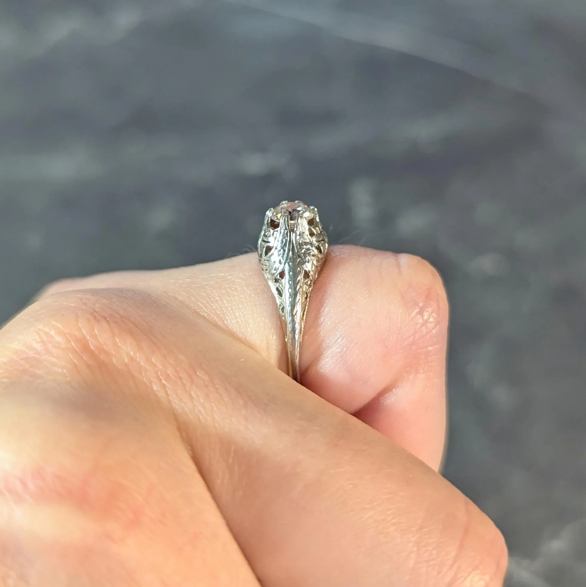 Early Art Deco 0.52 CTW Old European Diamond 18 Karat White Gold Antique Foliate Engagement Ring