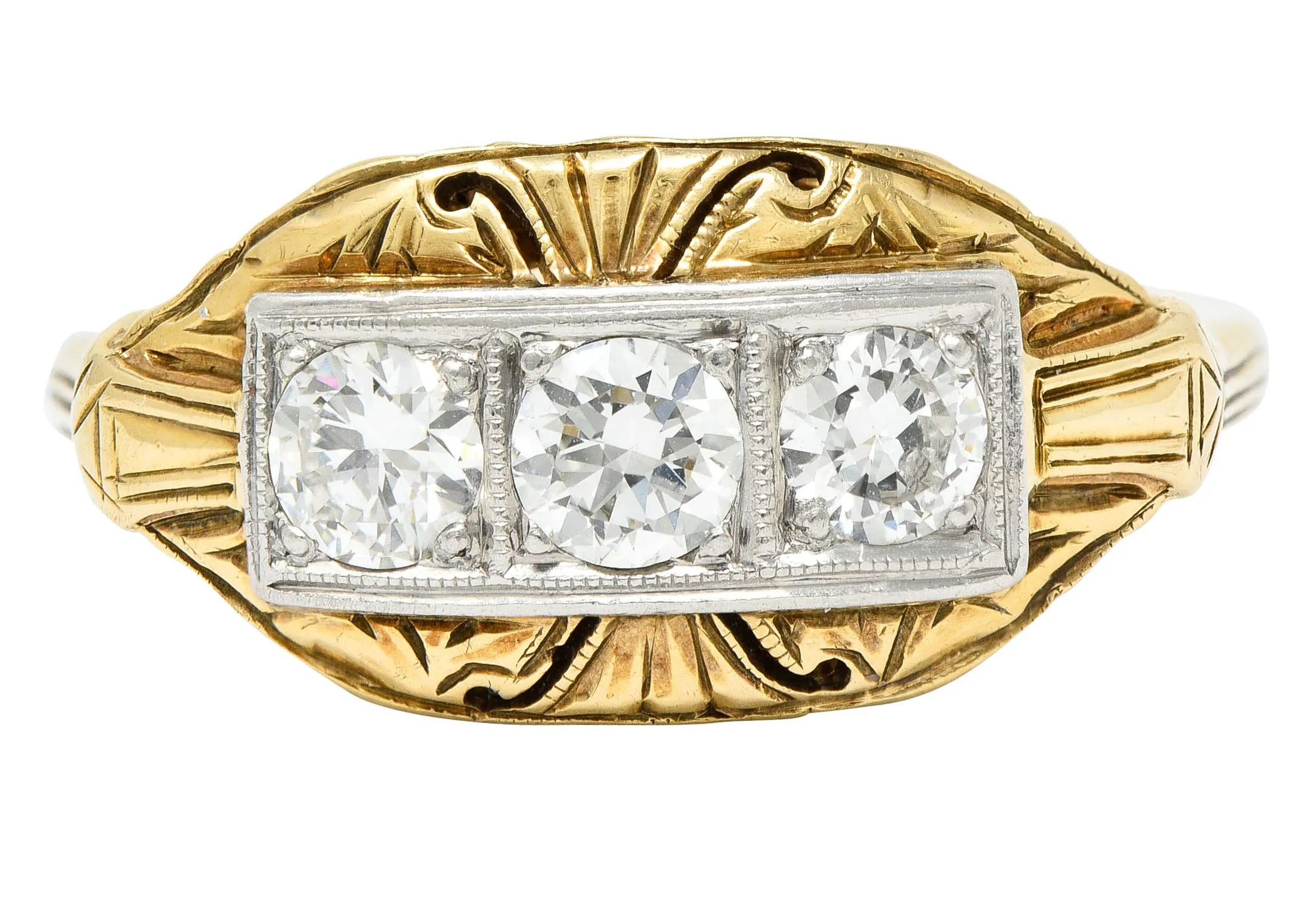 Early Art Deco 0.65 CTW Diamond Platinum-Topped 14 Karat Gold Dinner Ring