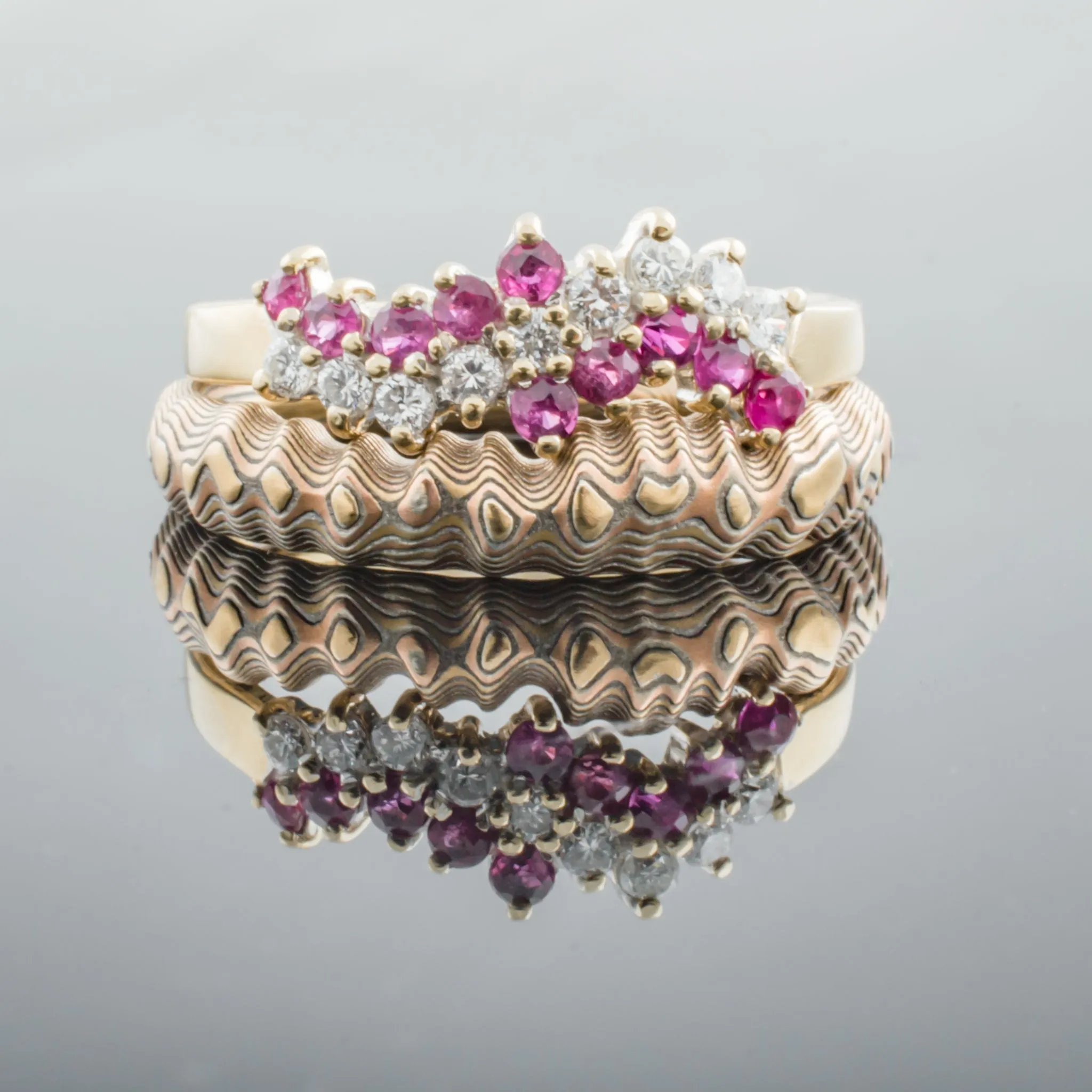 Earthy Mokume Gane Guri Bori Band in Fire Palette and Guri Bori Pattern with Contouring to Fit Engagement Band