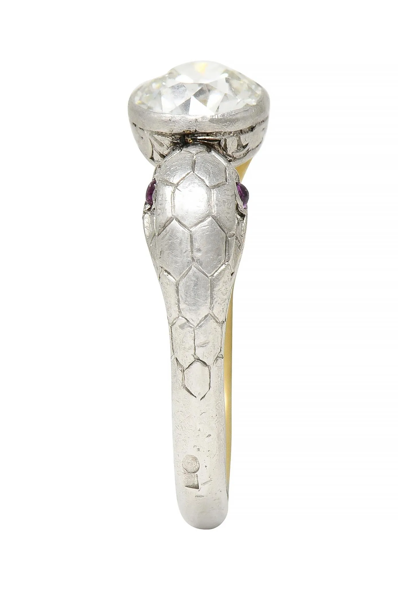 Edwardian French 1.16 CTW Diamond Platinum 18 Karat Yellow Gold Dual Snake Alternative Unisex Engagement Ring