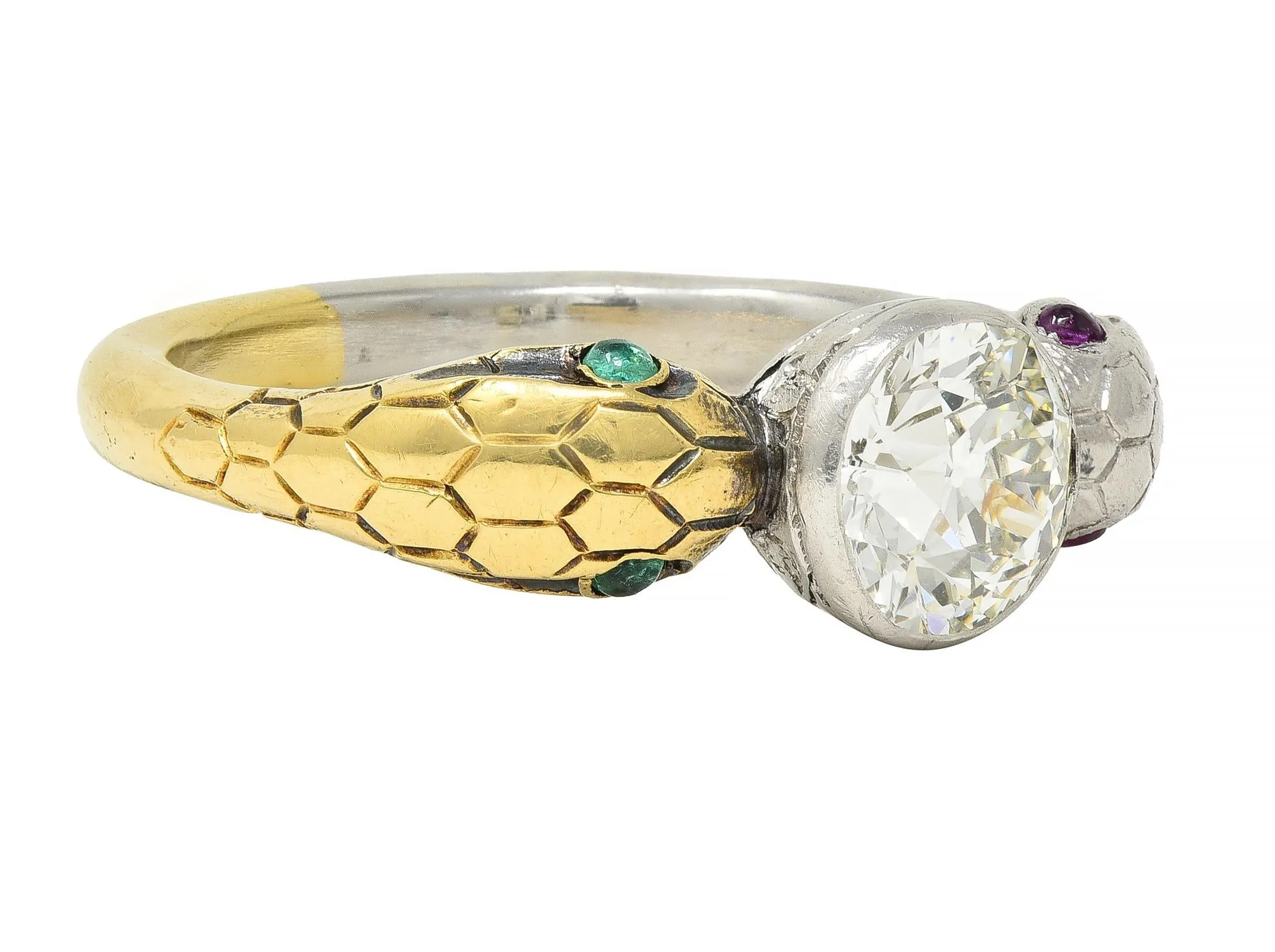 Edwardian French 1.16 CTW Diamond Platinum 18 Karat Yellow Gold Dual Snake Alternative Unisex Engagement Ring