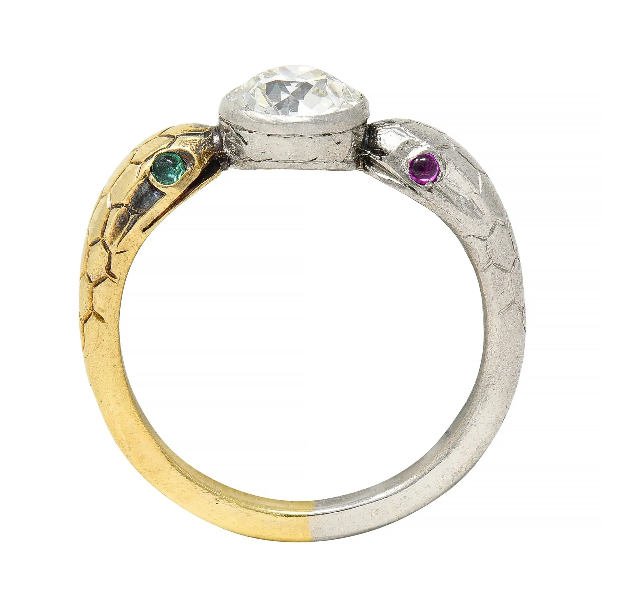 Edwardian French 1.16 CTW Diamond Platinum 18 Karat Yellow Gold Dual Snake Alternative Unisex Engagement Ring