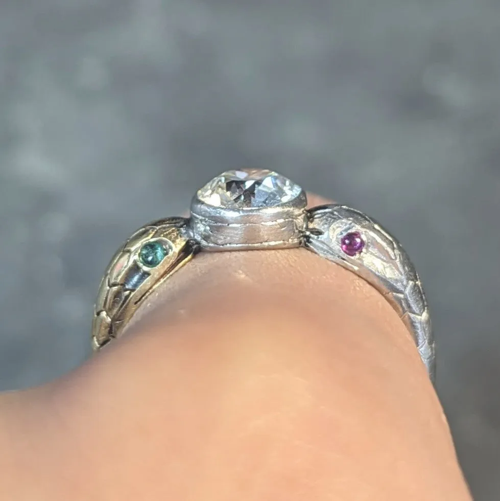 Edwardian French 1.16 CTW Diamond Platinum 18 Karat Yellow Gold Dual Snake Alternative Unisex Engagement Ring