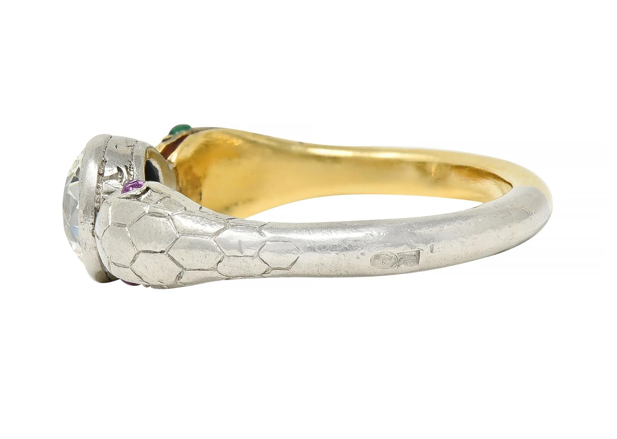 Edwardian French 1.16 CTW Diamond Platinum 18 Karat Yellow Gold Dual Snake Alternative Unisex Engagement Ring