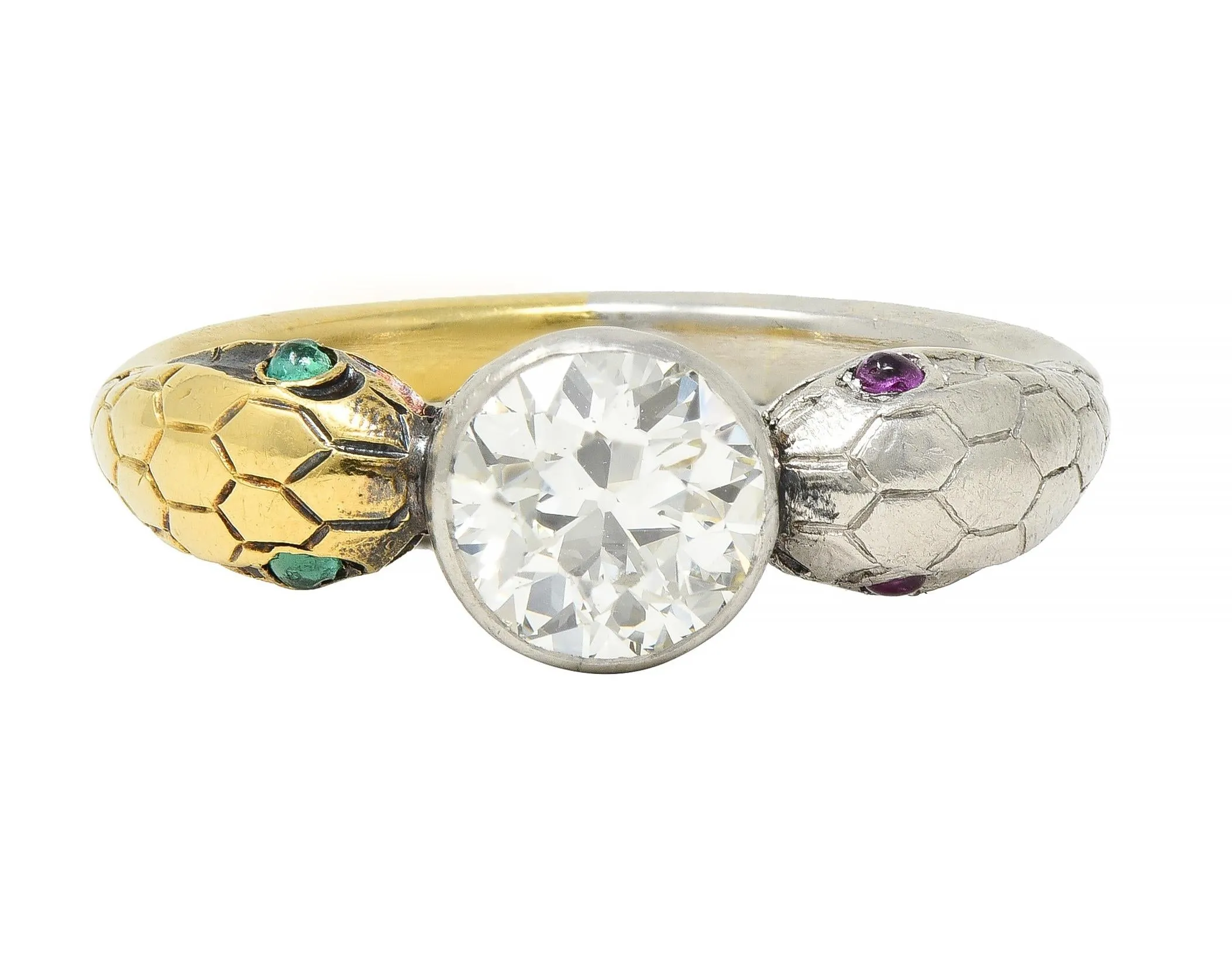 Edwardian French 1.16 CTW Diamond Platinum 18 Karat Yellow Gold Dual Snake Alternative Unisex Engagement Ring