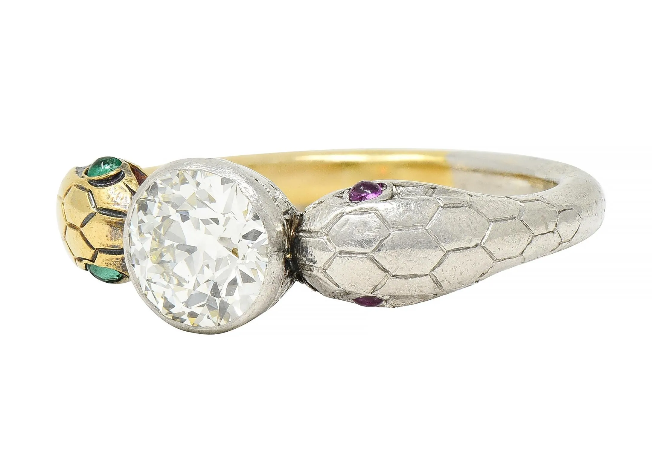 Edwardian French 1.16 CTW Diamond Platinum 18 Karat Yellow Gold Dual Snake Alternative Unisex Engagement Ring