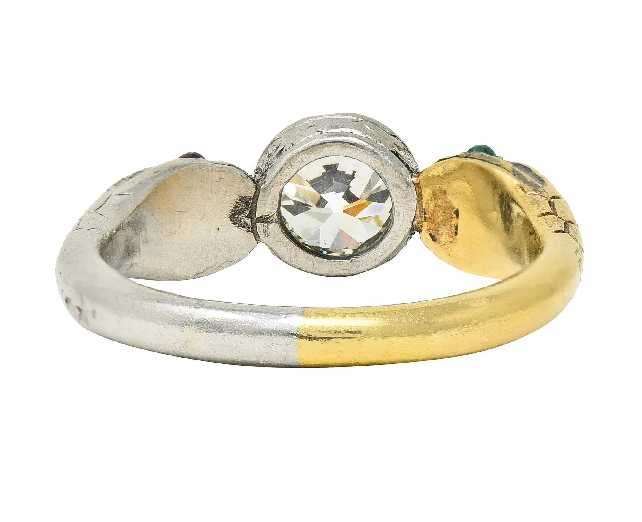 Edwardian French 1.16 CTW Diamond Platinum 18 Karat Yellow Gold Dual Snake Alternative Unisex Engagement Ring
