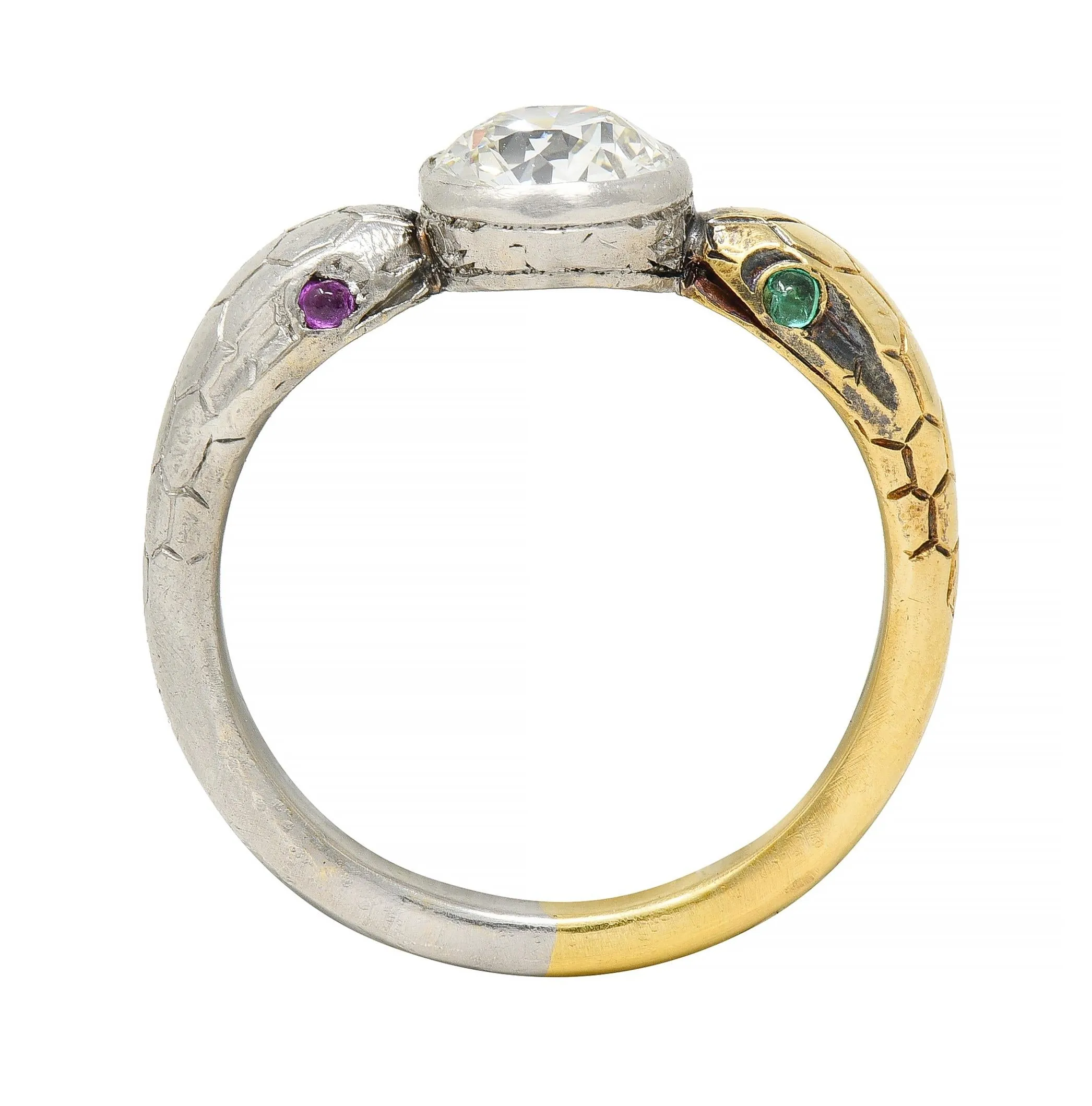 Edwardian French 1.16 CTW Diamond Platinum 18 Karat Yellow Gold Dual Snake Alternative Unisex Engagement Ring