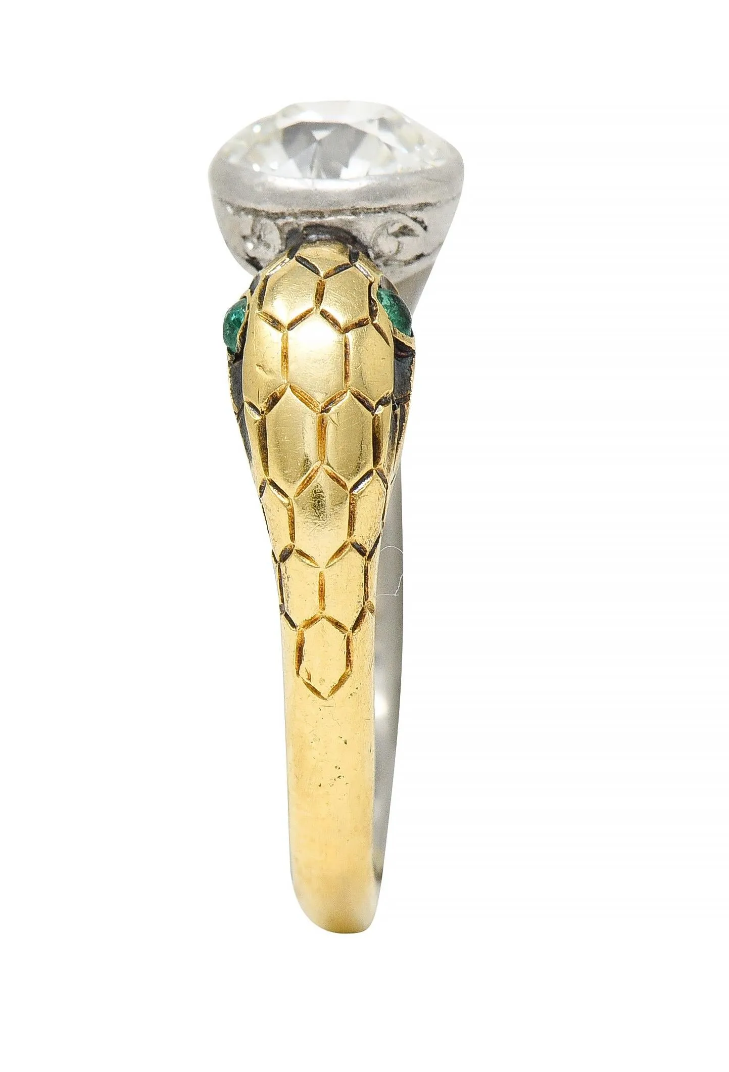 Edwardian French 1.16 CTW Diamond Platinum 18 Karat Yellow Gold Dual Snake Alternative Unisex Engagement Ring