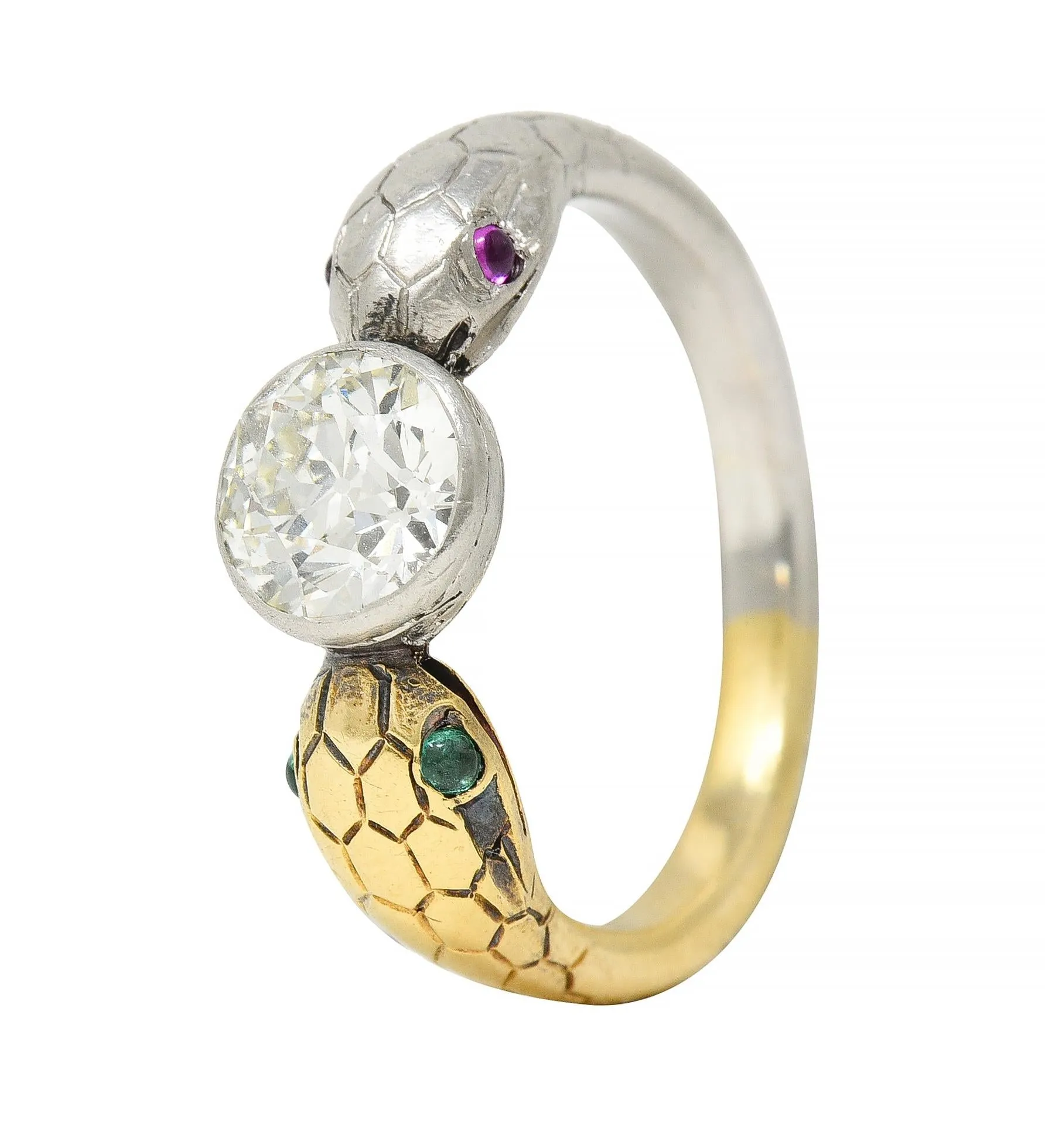 Edwardian French 1.16 CTW Diamond Platinum 18 Karat Yellow Gold Dual Snake Alternative Unisex Engagement Ring
