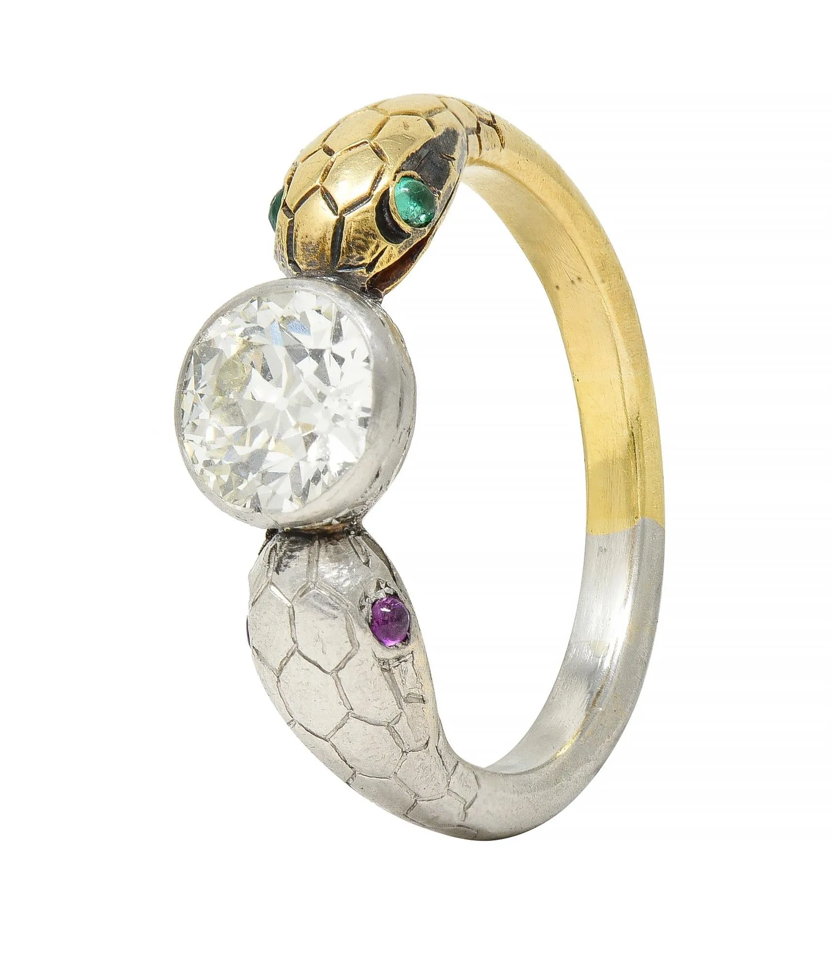 Edwardian French 1.16 CTW Diamond Platinum 18 Karat Yellow Gold Dual Snake Alternative Unisex Engagement Ring