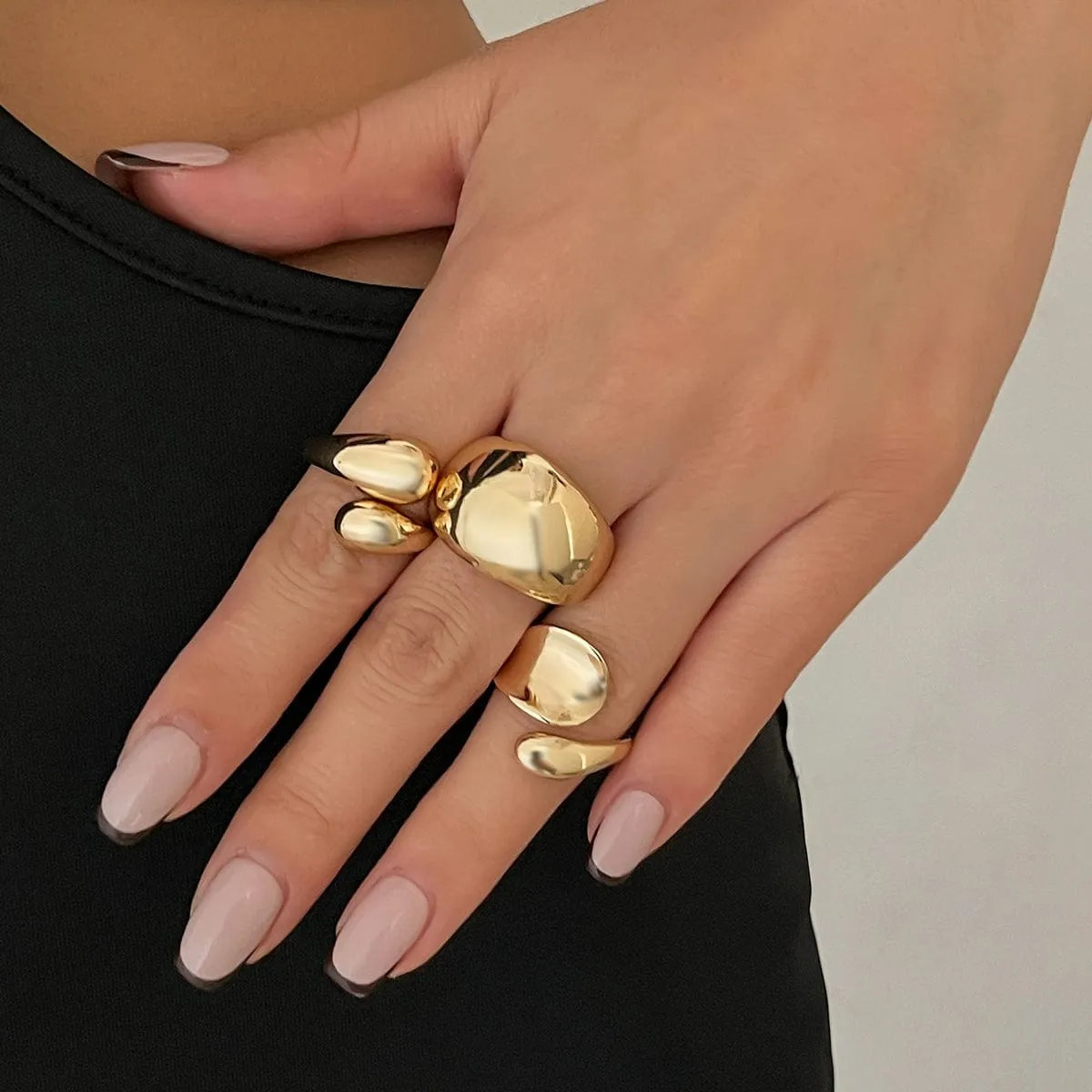 Elegant 3pcs Gold Silver Tone Glossy Waterdrop Ring Set