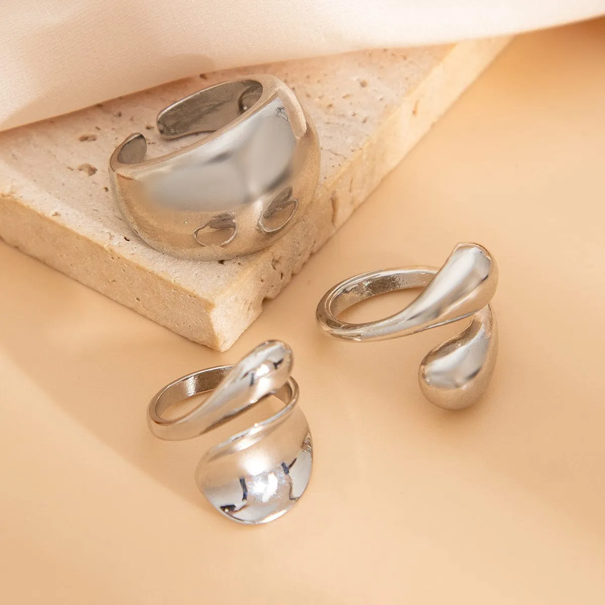Elegant 3pcs Gold Silver Tone Glossy Waterdrop Ring Set