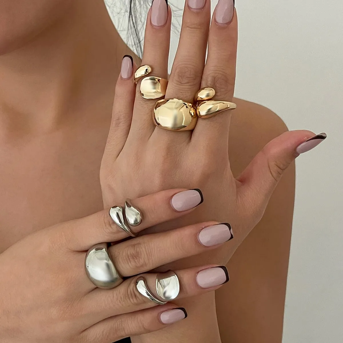 Elegant 3pcs Gold Silver Tone Glossy Waterdrop Ring Set