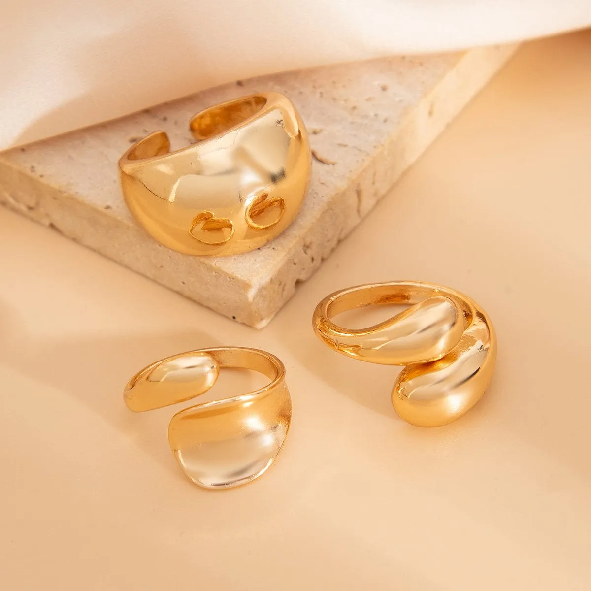 Elegant 3pcs Gold Silver Tone Glossy Waterdrop Ring Set