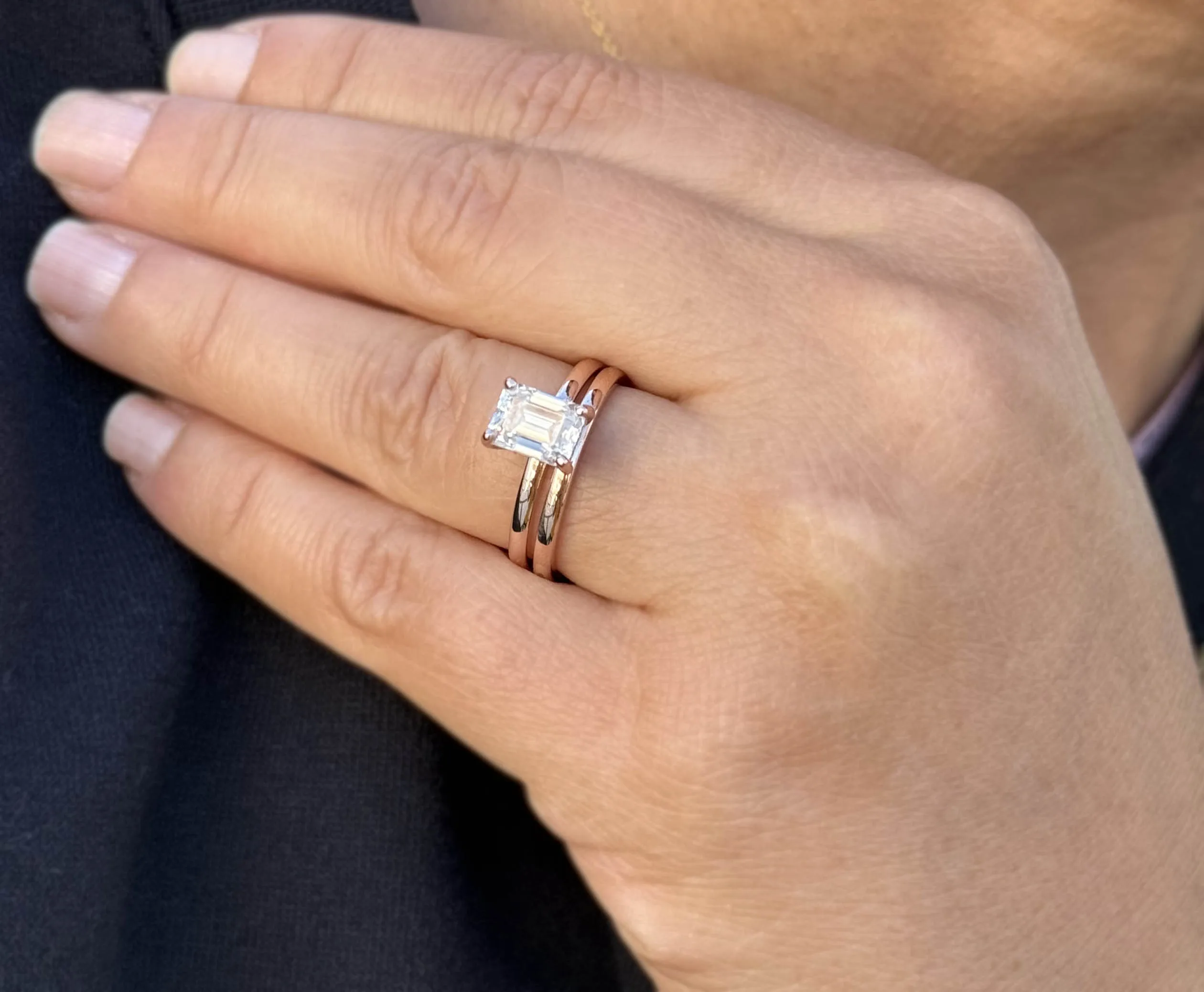 Emerald Cut Moissanite Solitaire Ring And Matching Band Set 14K Solid Rose Gold Wedding Ring Hidden Halo Bridal Ring Minimalist 1.60ctw