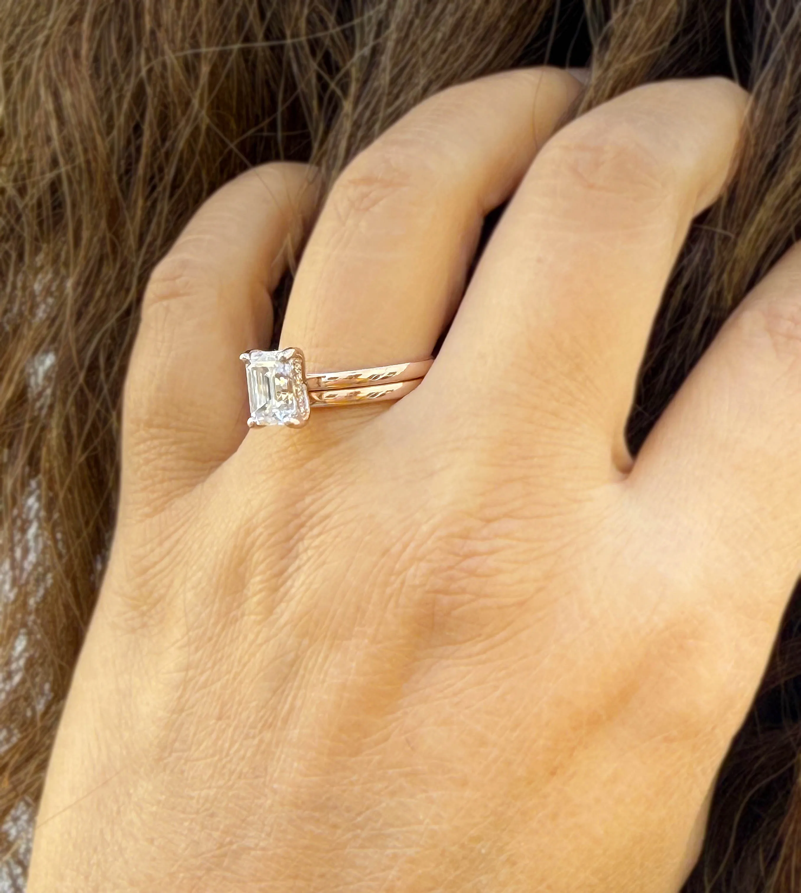 Emerald Cut Moissanite Solitaire Ring And Matching Band Set 14K Solid Rose Gold Wedding Ring Hidden Halo Bridal Ring Minimalist 1.60ctw