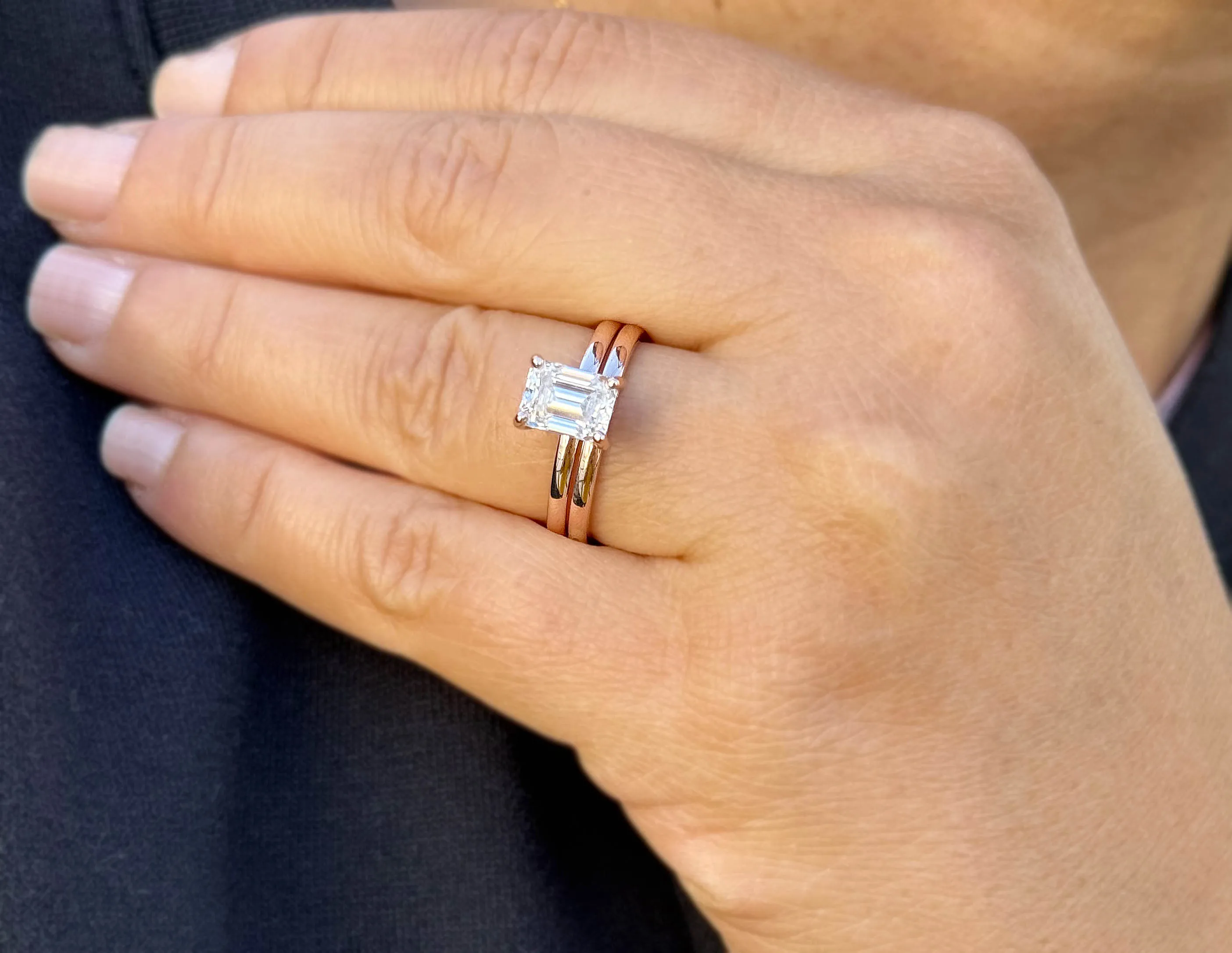 Emerald Cut Moissanite Solitaire Ring And Matching Band Set 14K Solid Rose Gold Wedding Ring Hidden Halo Bridal Ring Minimalist 1.60ctw