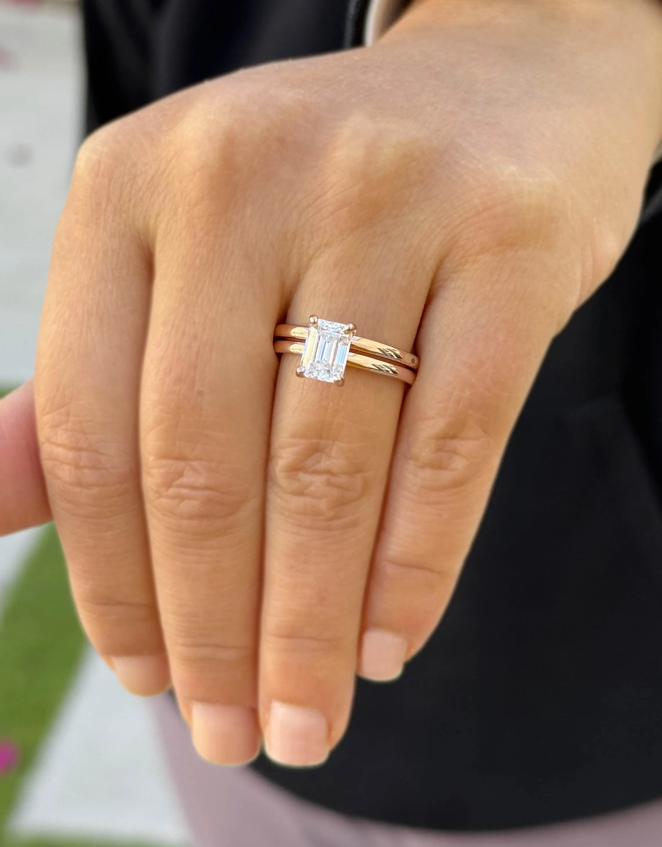 Emerald Cut Moissanite Solitaire Ring And Matching Band Set 14K Solid Rose Gold Wedding Ring Hidden Halo Bridal Ring Minimalist 1.60ctw