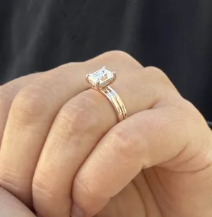 Emerald Cut Moissanite Solitaire Ring And Matching Band Set 14K Solid Rose Gold Wedding Ring Hidden Halo Bridal Ring Minimalist 1.60ctw