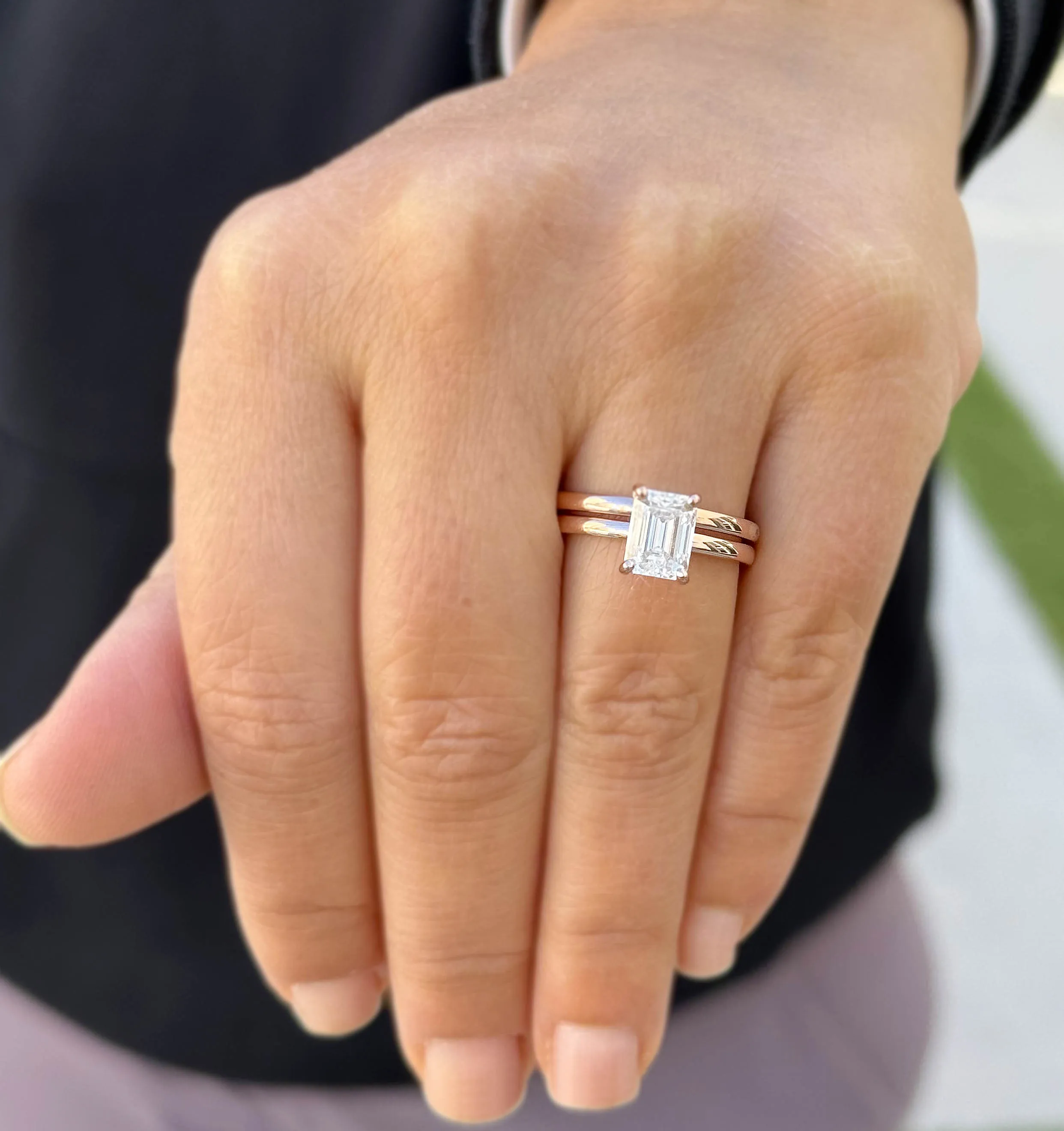 Emerald Cut Moissanite Solitaire Ring And Matching Band Set 14K Solid Rose Gold Wedding Ring Hidden Halo Bridal Ring Minimalist 1.60ctw