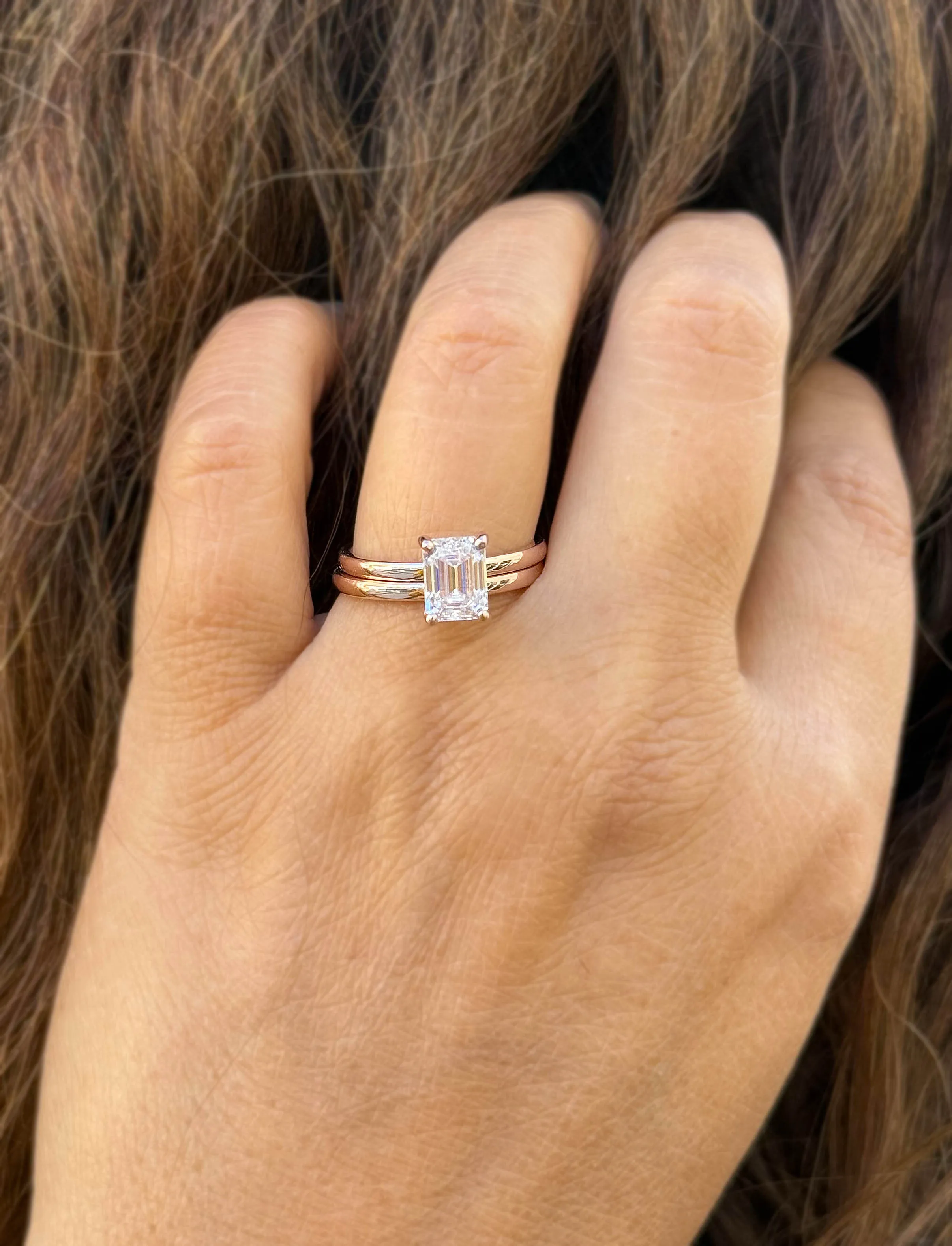 Emerald Cut Moissanite Solitaire Ring And Matching Band Set 14K Solid Rose Gold Wedding Ring Hidden Halo Bridal Ring Minimalist 1.60ctw