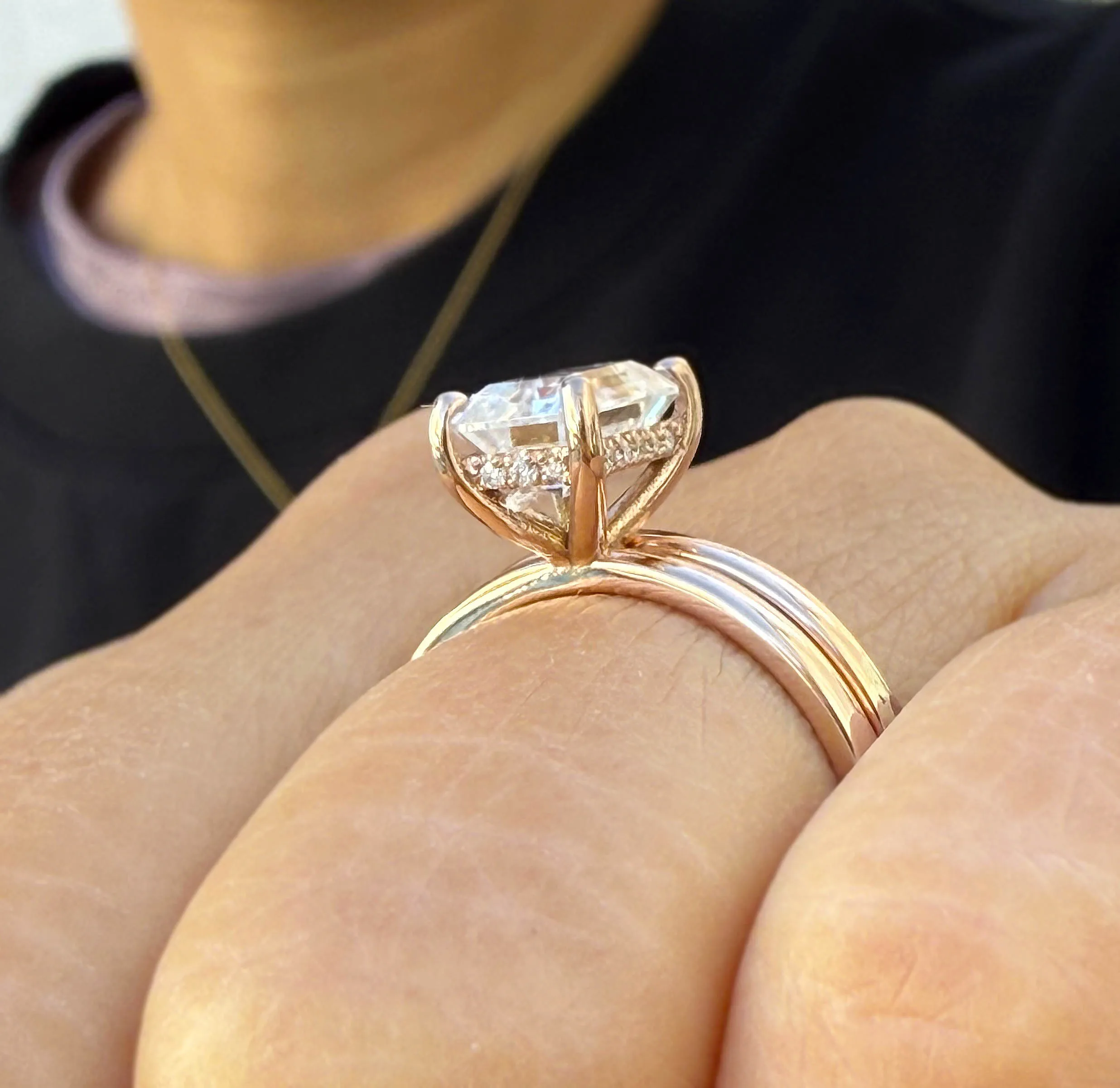 Emerald Cut Moissanite Solitaire Ring And Matching Band Set 14K Solid Rose Gold Wedding Ring Hidden Halo Bridal Ring Minimalist 1.60ctw