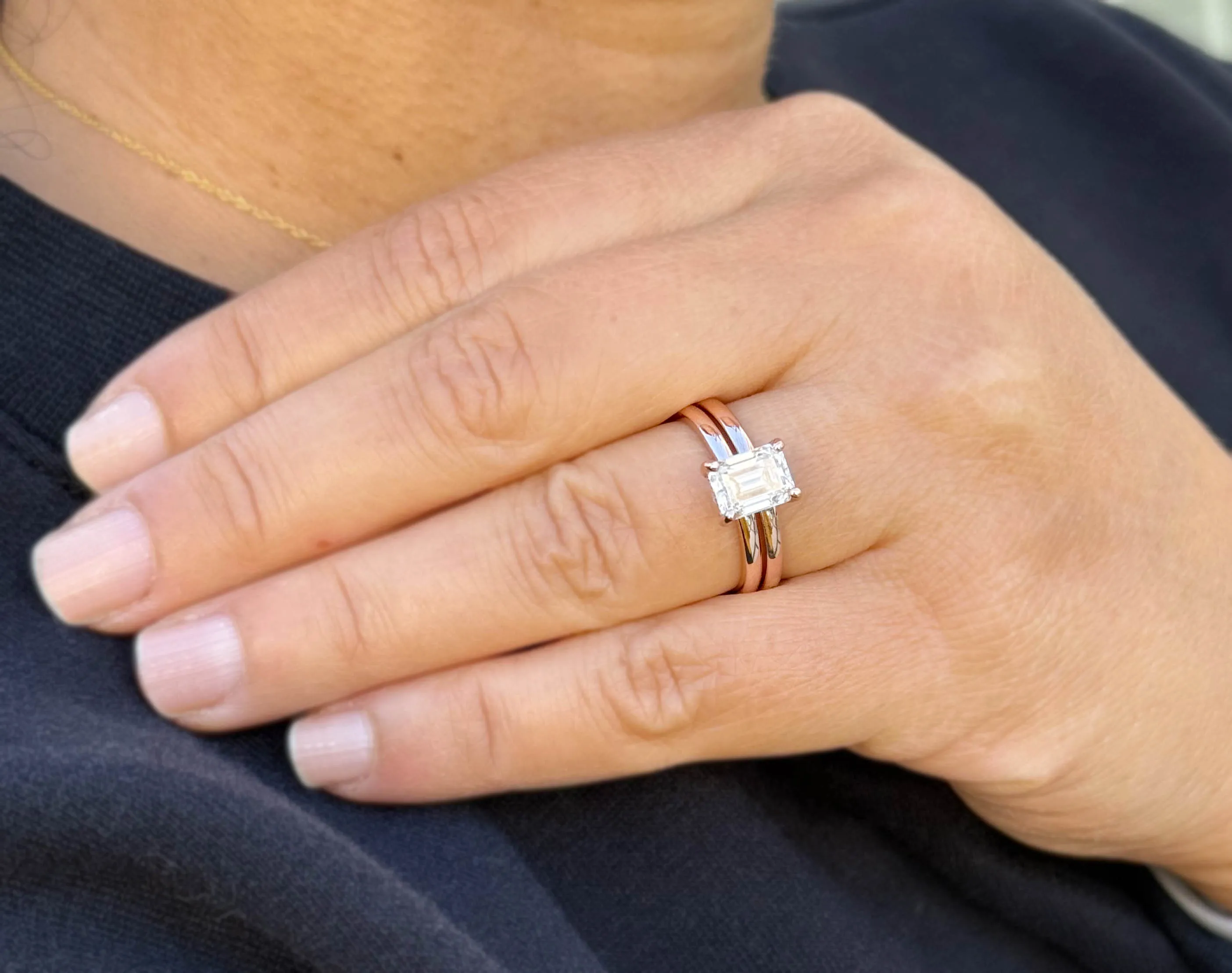Emerald Cut Moissanite Solitaire Ring And Matching Band Set 14K Solid Rose Gold Wedding Ring Hidden Halo Bridal Ring Minimalist 1.60ctw