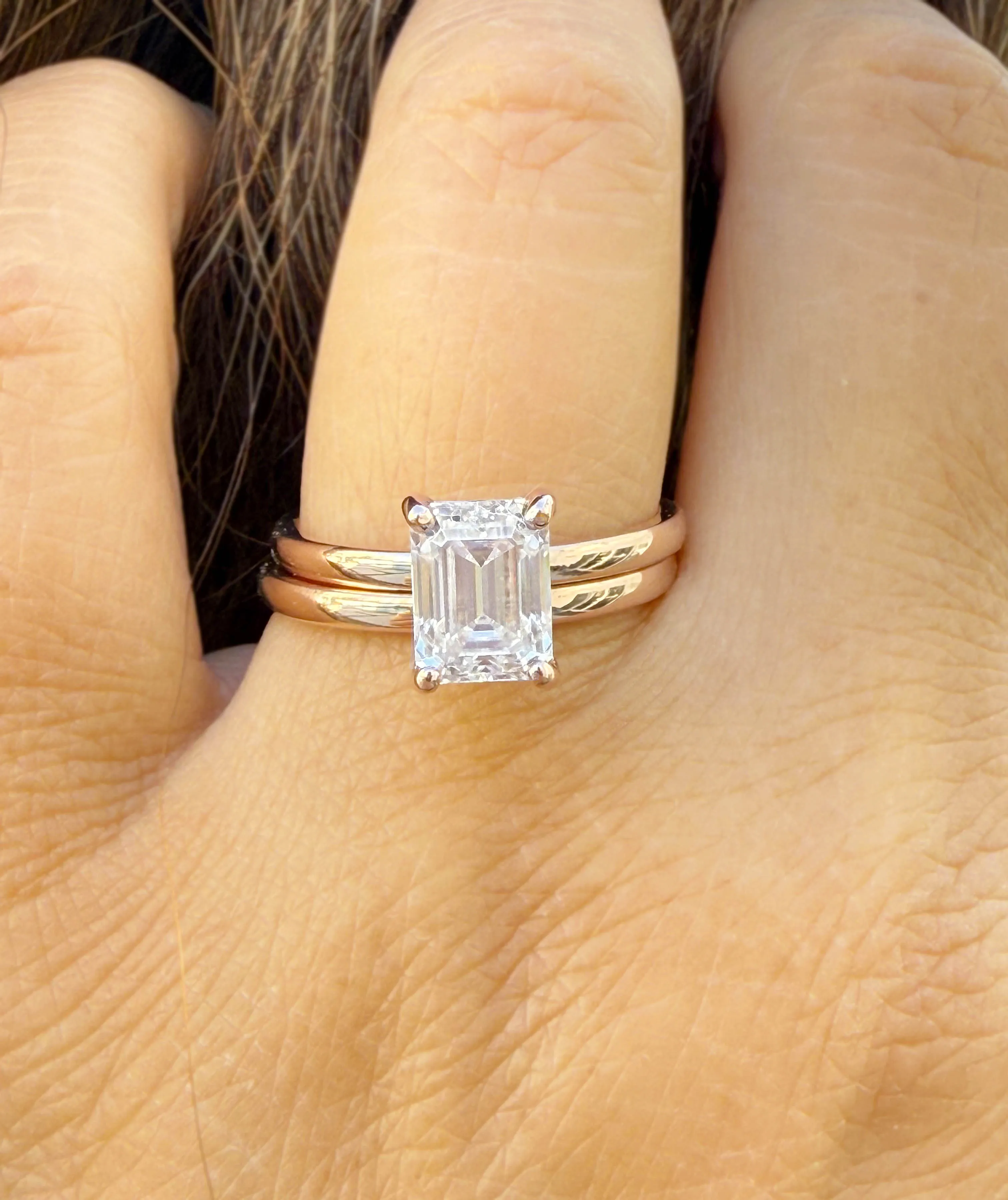 Emerald Cut Moissanite Solitaire Ring And Matching Band Set 14K Solid Rose Gold Wedding Ring Hidden Halo Bridal Ring Minimalist 1.60ctw