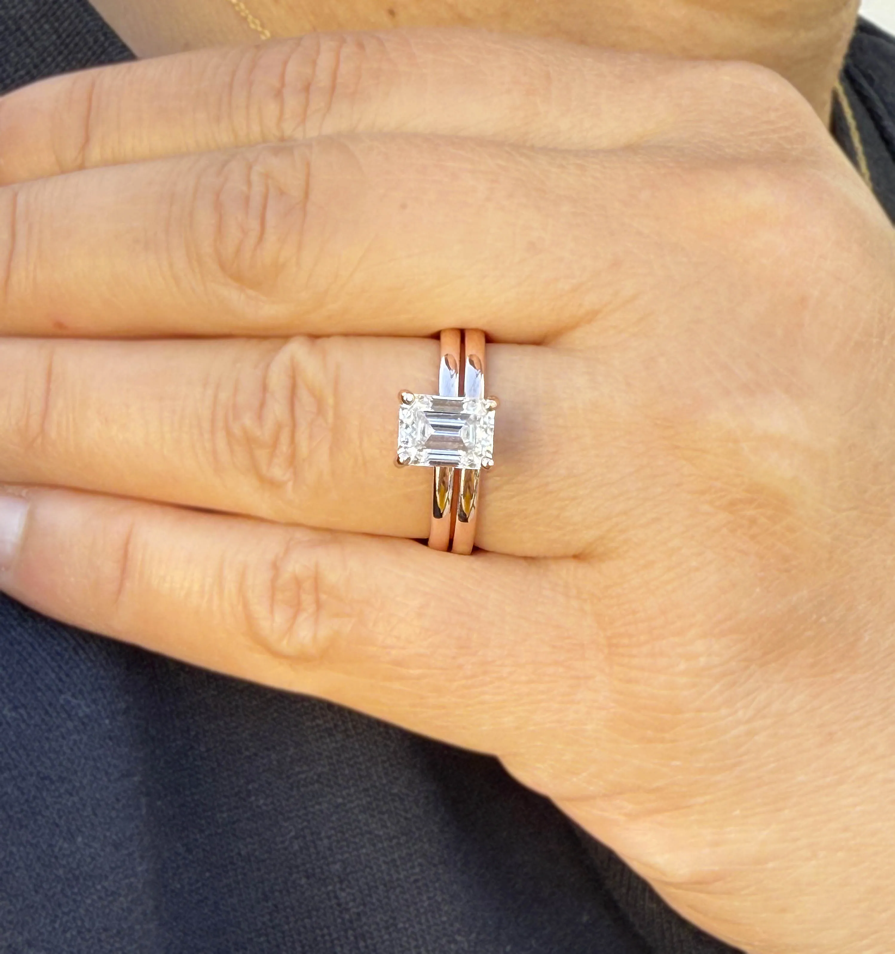 Emerald Cut Moissanite Solitaire Ring And Matching Band Set 14K Solid Rose Gold Wedding Ring Hidden Halo Bridal Ring Minimalist 1.60ctw