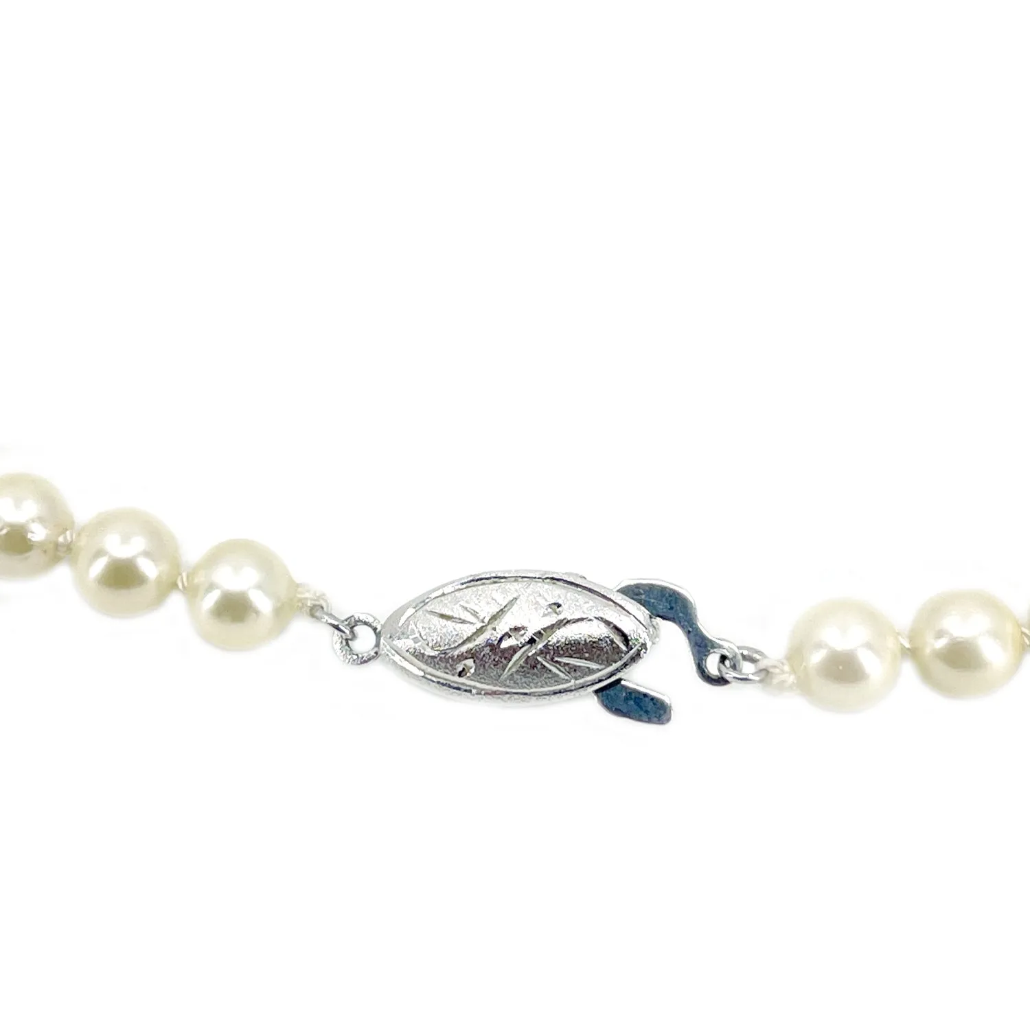 Engraved Art Deco Japanese Saltwater Cultured Akoya Pearl Vintage Necklace - Sterling Silver 18 Inch