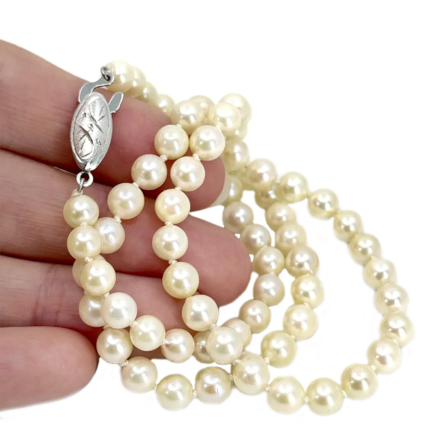 Engraved Art Deco Japanese Saltwater Cultured Akoya Pearl Vintage Necklace - Sterling Silver 18 Inch