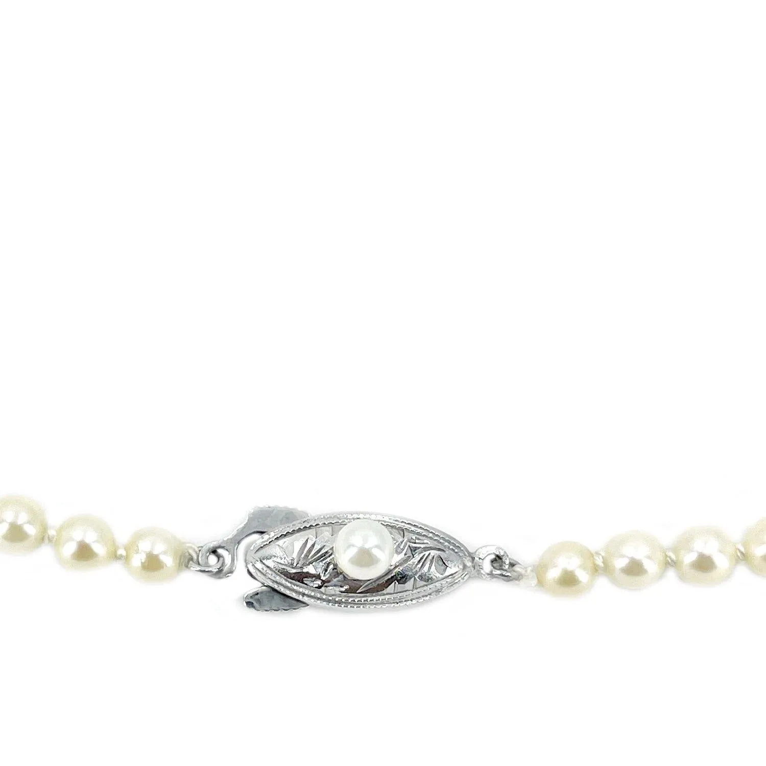 Engraved Deco Milgrain Japanese Saltwater Cultured Akoya Pearl Graduated Necklace - Sterling Silver 19.25 Inch