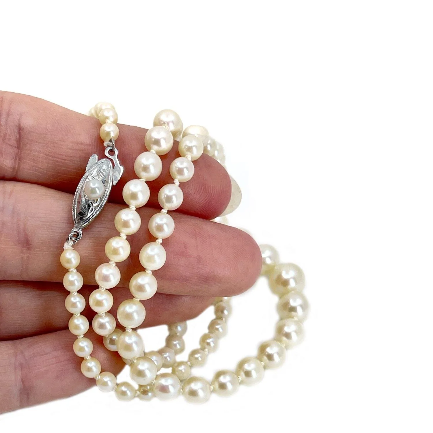 Engraved Deco Milgrain Japanese Saltwater Cultured Akoya Pearl Graduated Necklace - Sterling Silver 19.25 Inch