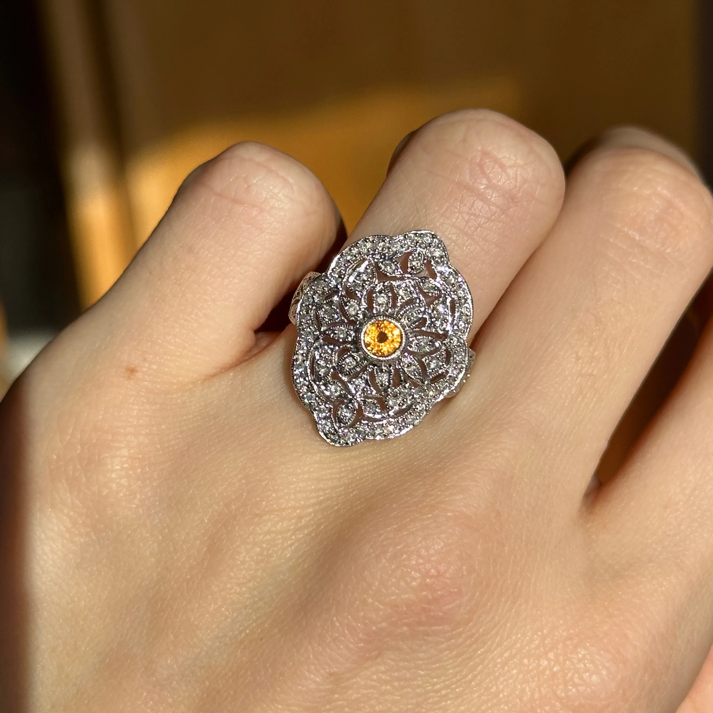 Estate 14KT White Gold Diamond Filigree   Citrine Ring