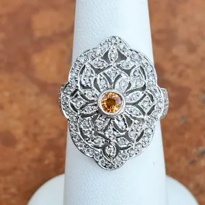 Estate 14KT White Gold Diamond Filigree   Citrine Ring