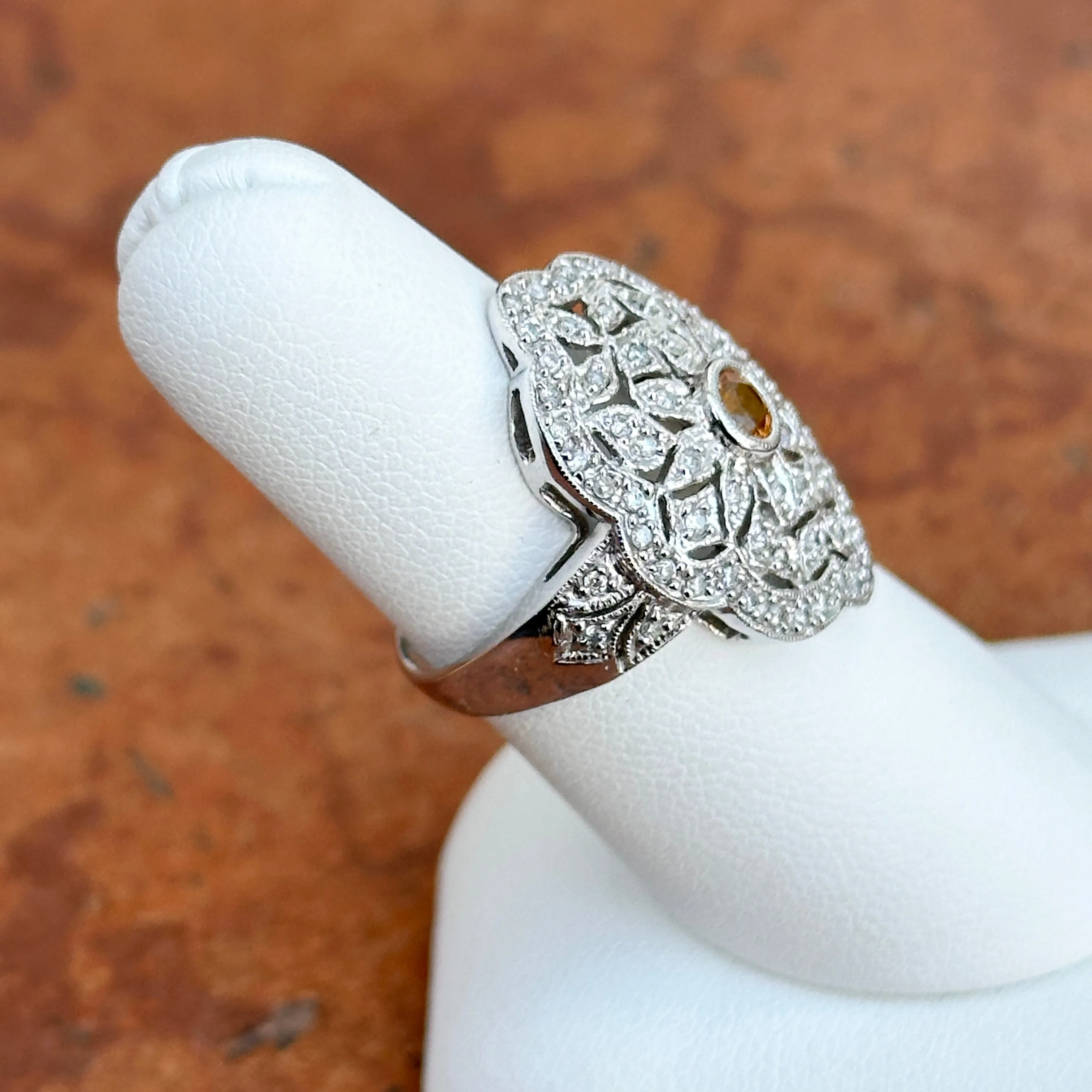 Estate 14KT White Gold Diamond Filigree   Citrine Ring