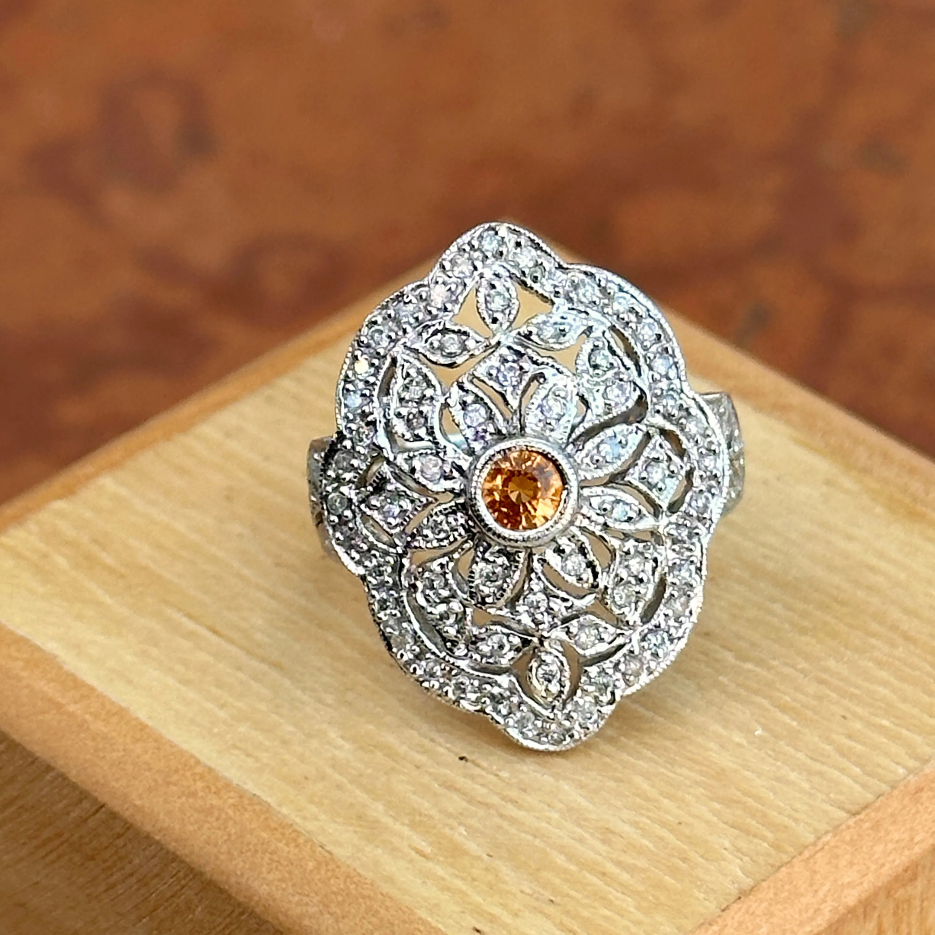 Estate 14KT White Gold Diamond Filigree   Citrine Ring