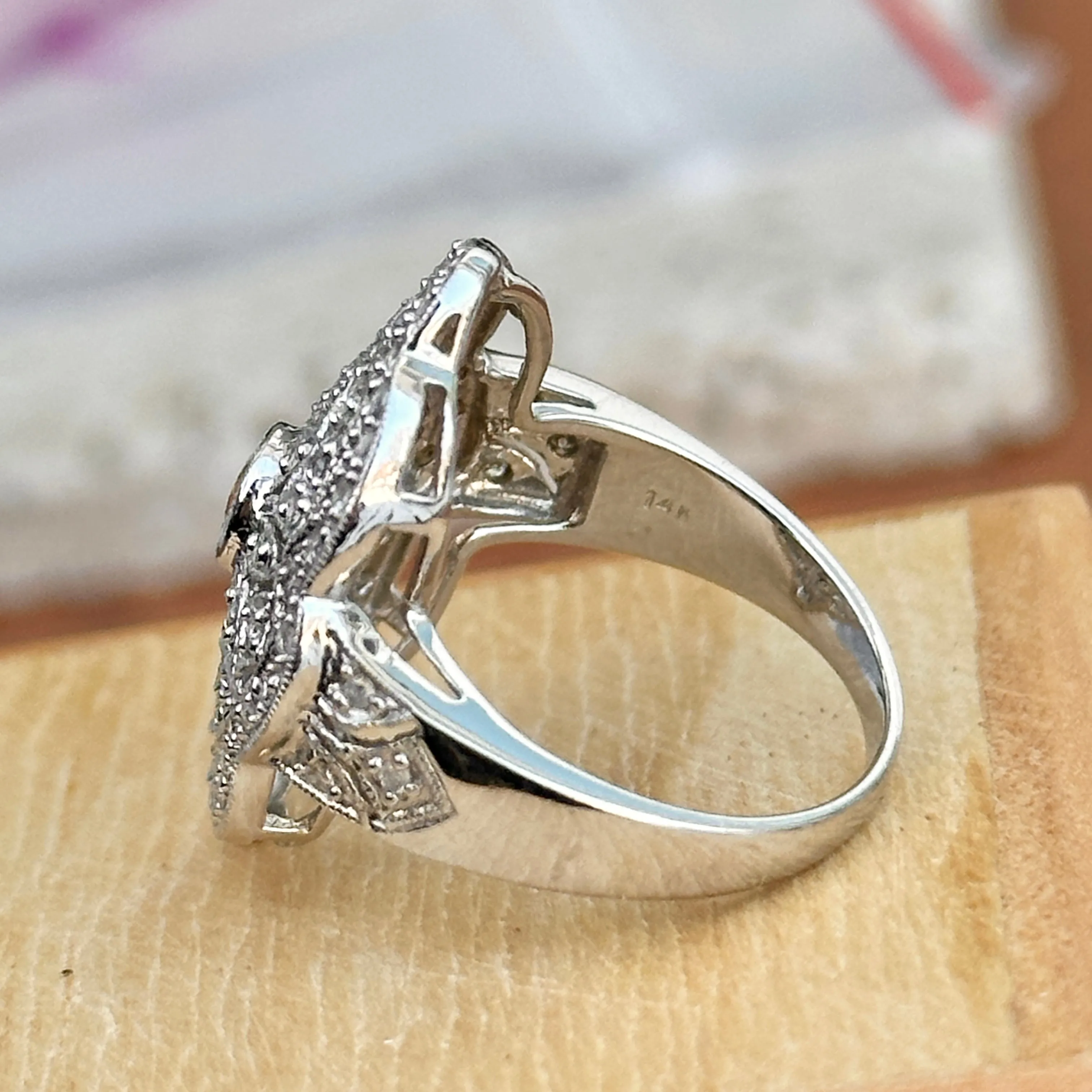 Estate 14KT White Gold Diamond Filigree   Citrine Ring