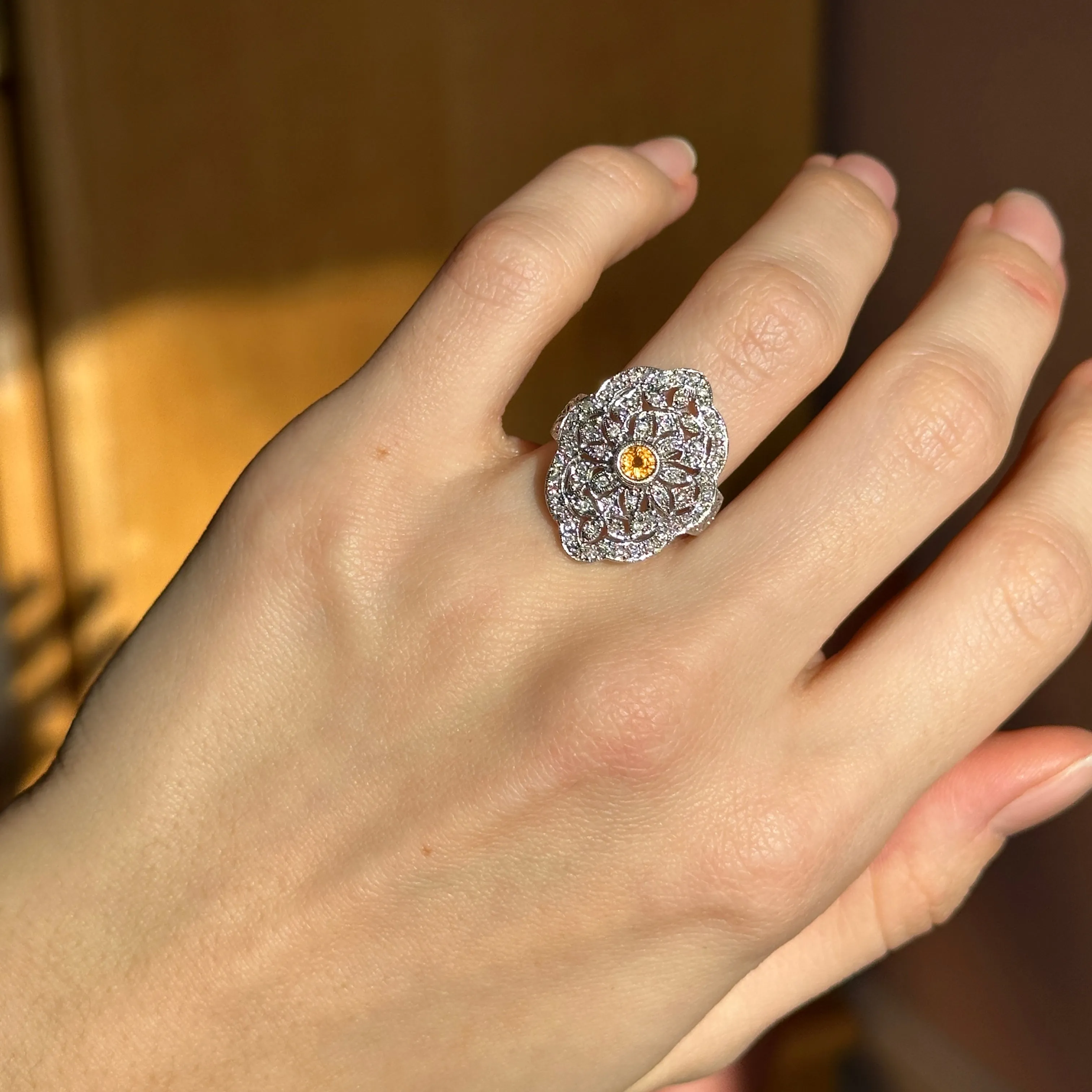 Estate 14KT White Gold Diamond Filigree   Citrine Ring