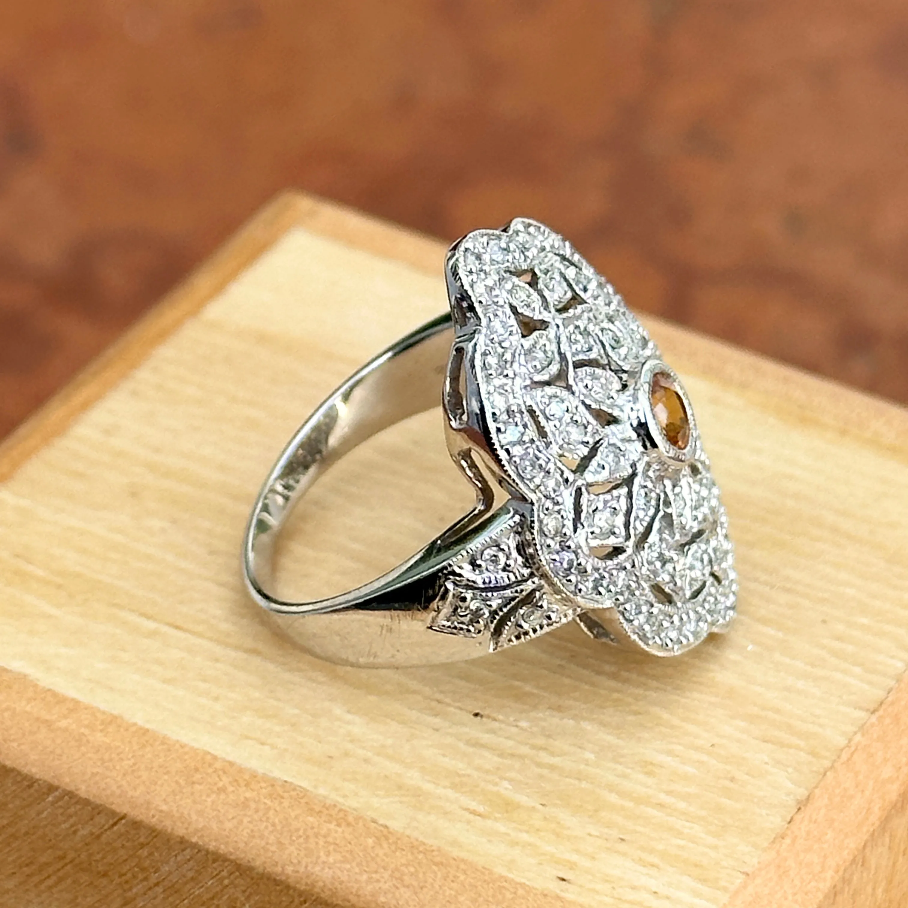 Estate 14KT White Gold Diamond Filigree   Citrine Ring