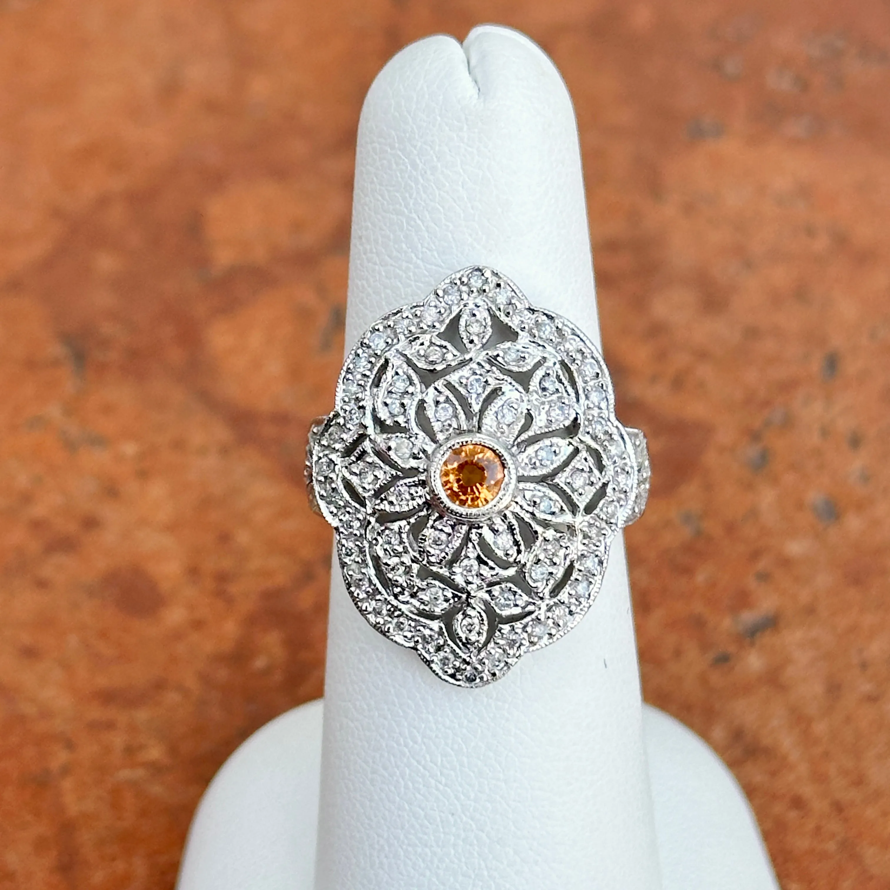 Estate 14KT White Gold Diamond Filigree   Citrine Ring