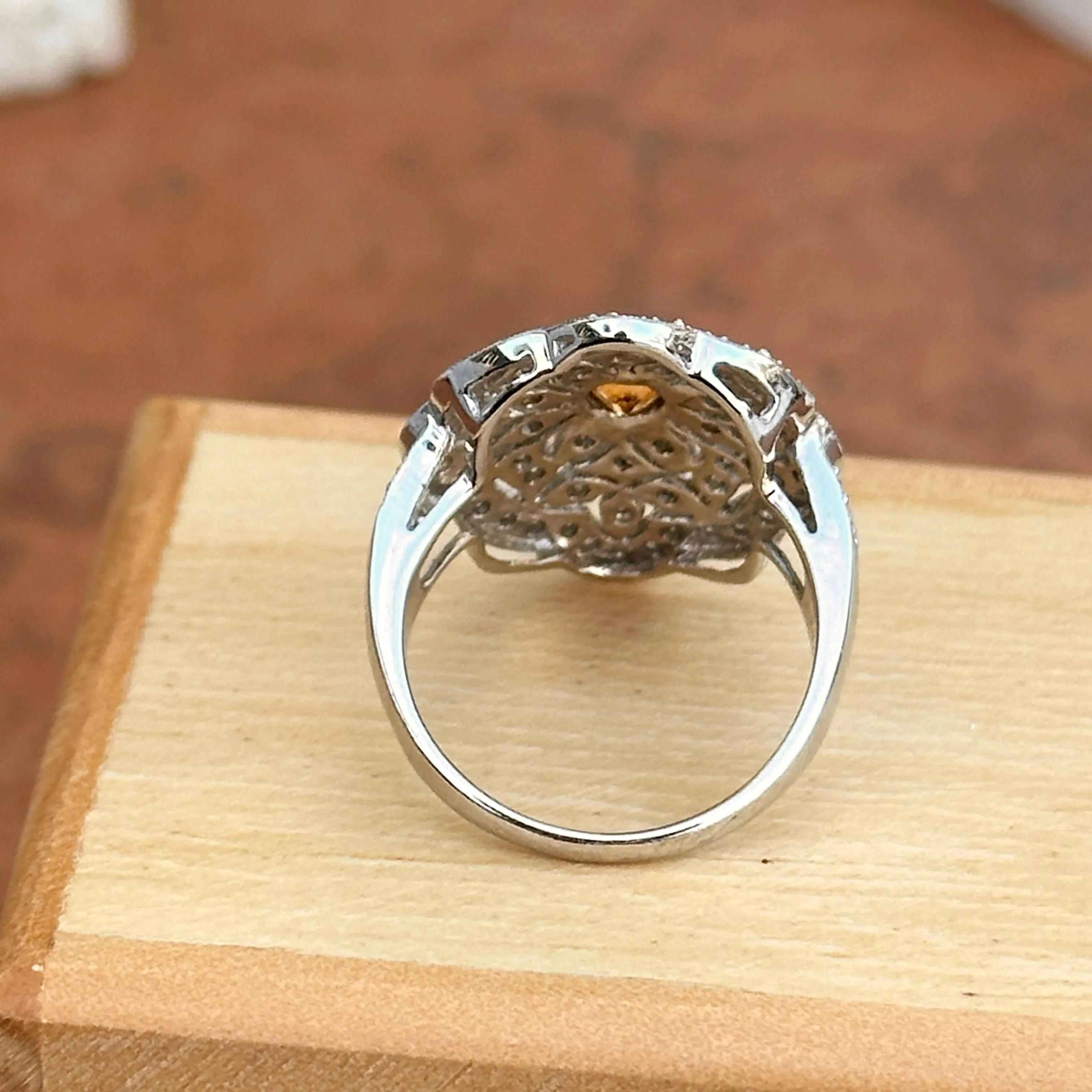 Estate 14KT White Gold Diamond Filigree   Citrine Ring