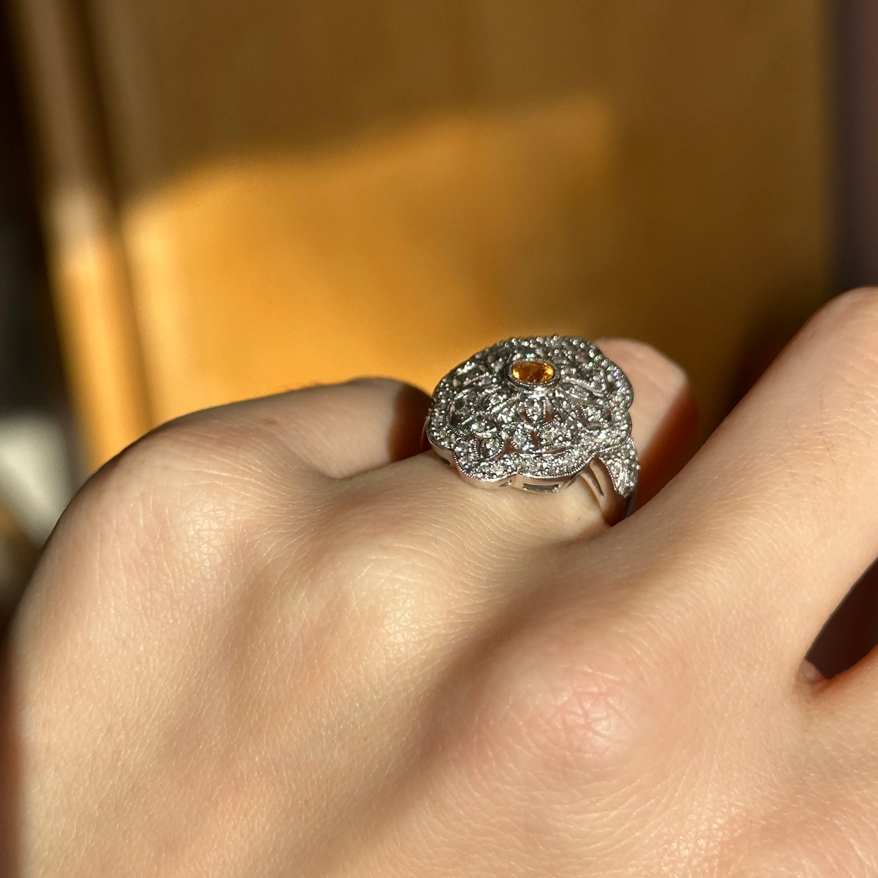 Estate 14KT White Gold Diamond Filigree   Citrine Ring