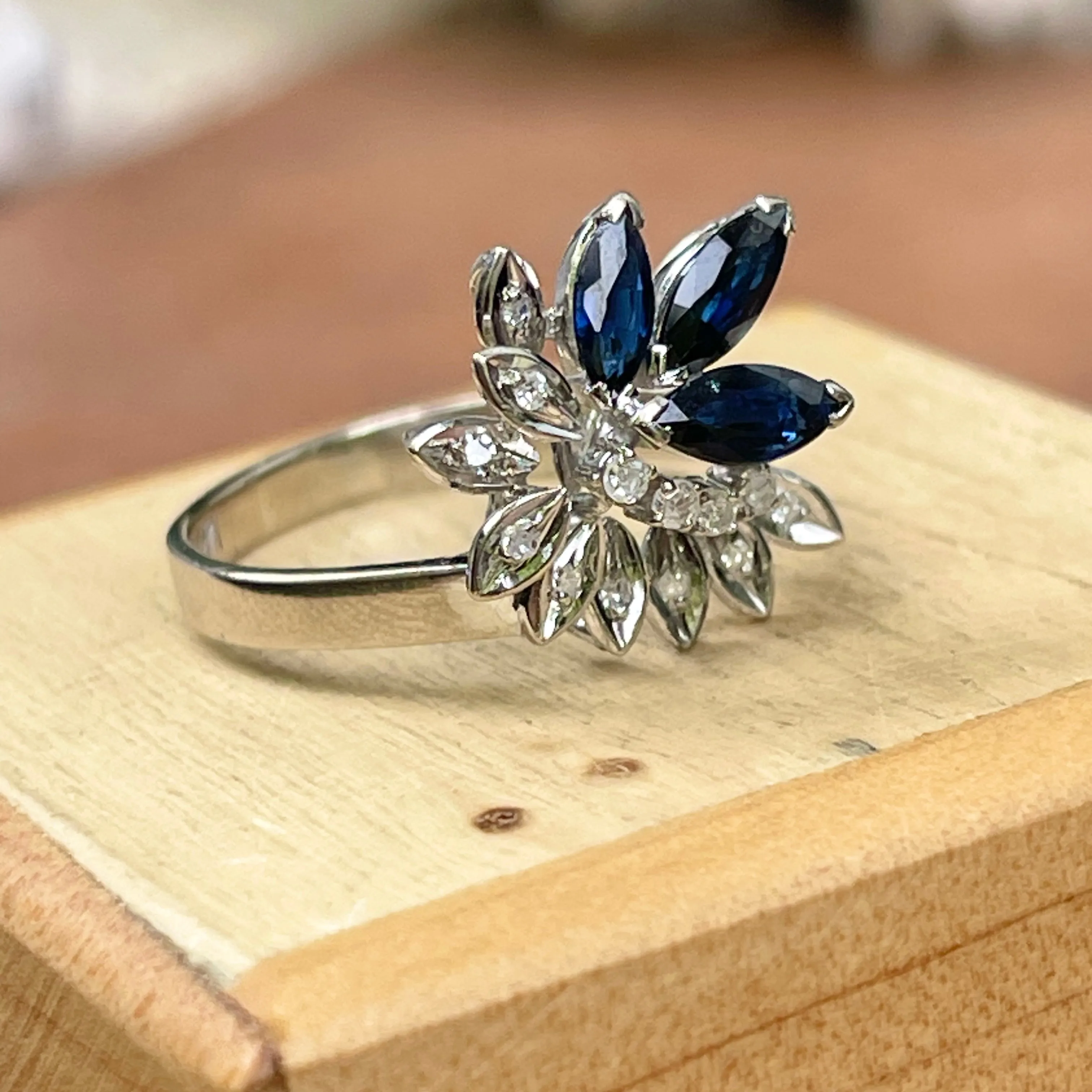 Estate 14KT White Gold Marquise Blue Sapphire   Diamond Flower Ring