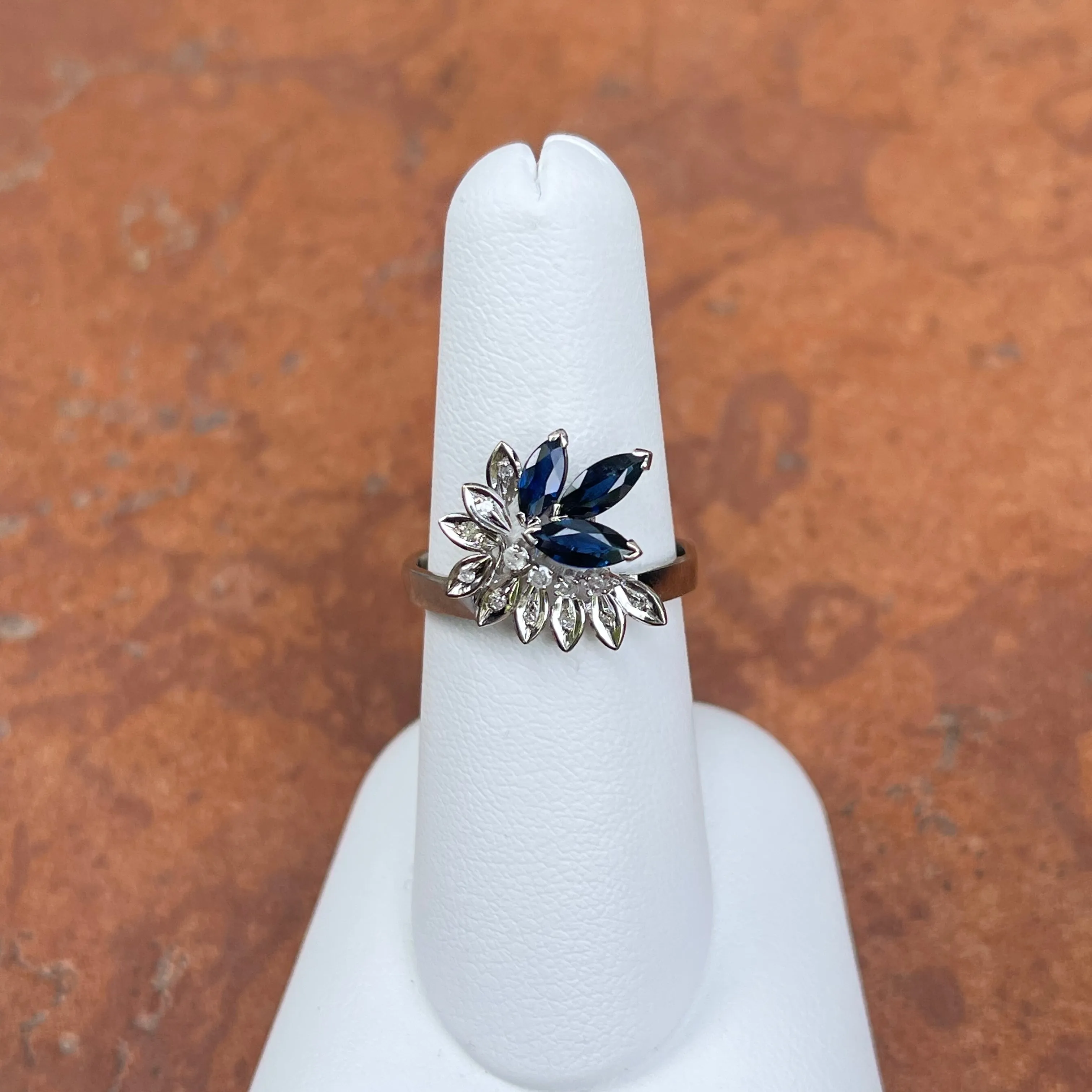 Estate 14KT White Gold Marquise Blue Sapphire   Diamond Flower Ring