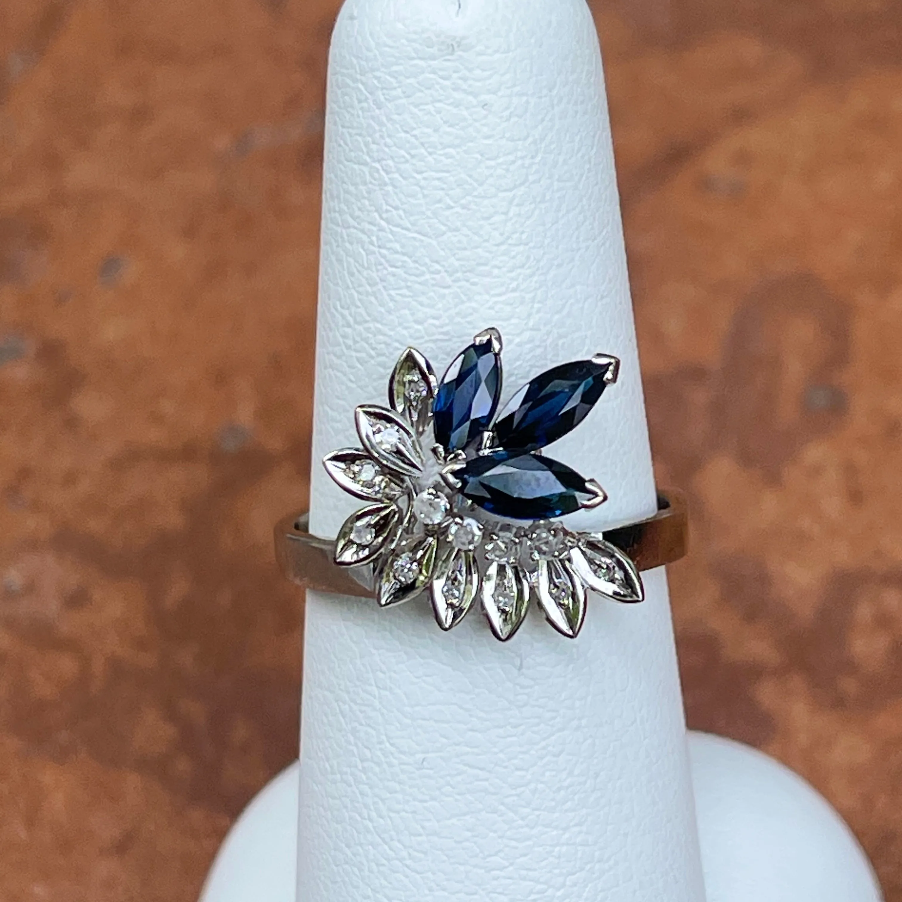 Estate 14KT White Gold Marquise Blue Sapphire   Diamond Flower Ring