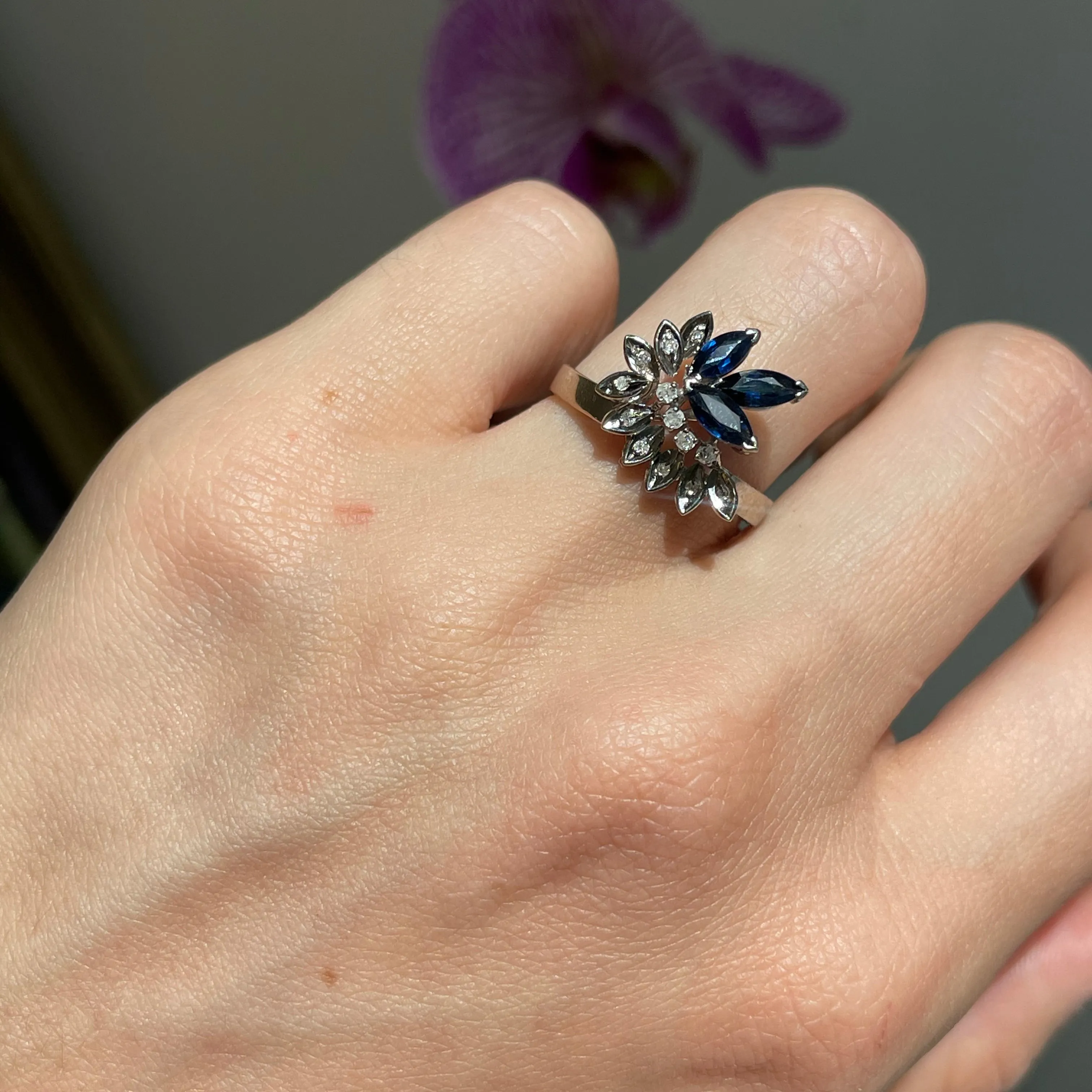 Estate 14KT White Gold Marquise Blue Sapphire   Diamond Flower Ring