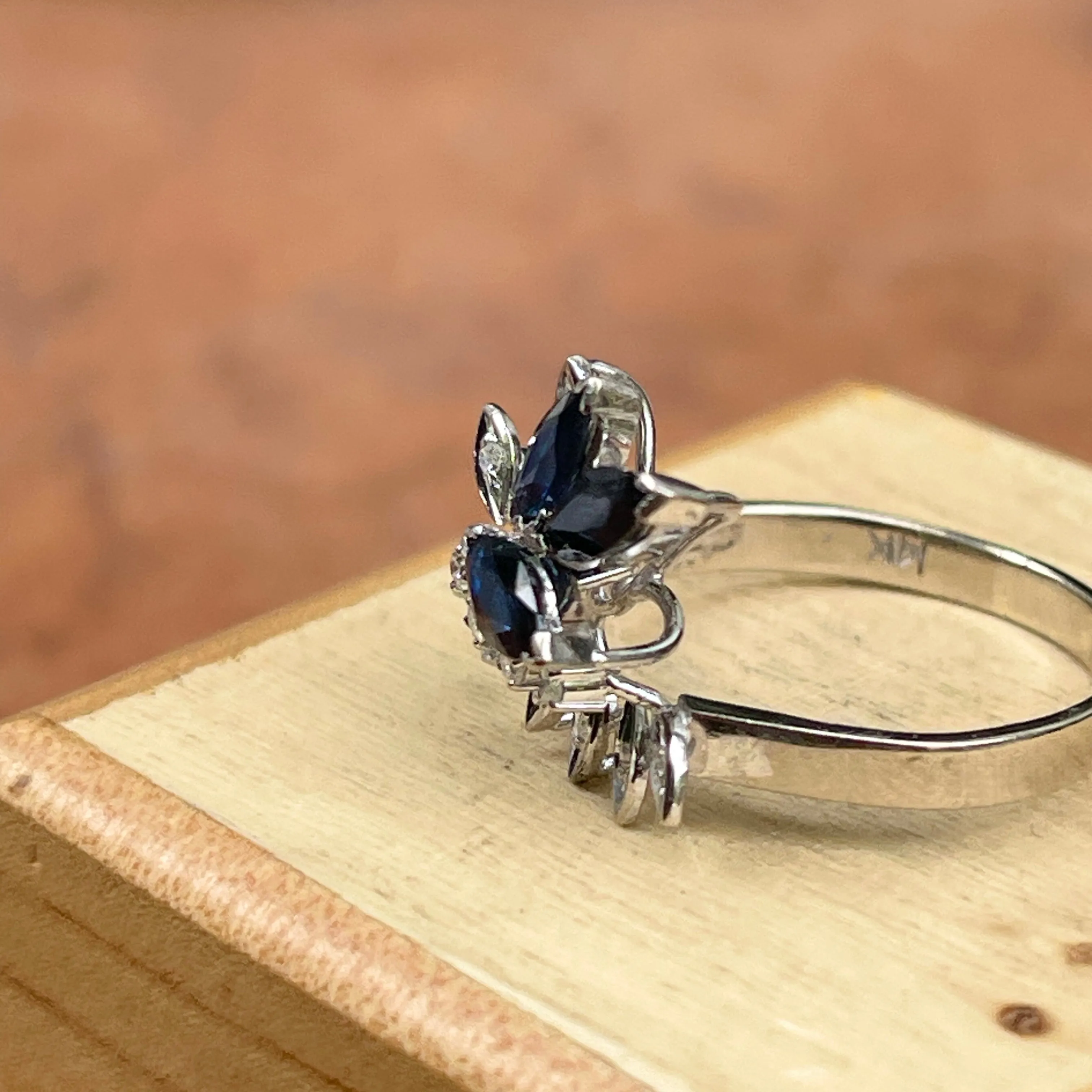 Estate 14KT White Gold Marquise Blue Sapphire   Diamond Flower Ring